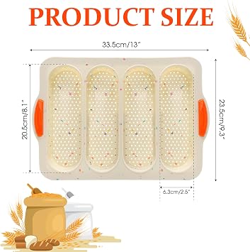 French Bread Hoagie Sub Roll Baking Pans 4-slot, Non Stick Silicone Mould Mold Tray for Sandwich Baguette Hot Dog Bun Loaf Food, Mini Tool Set for Restaurant Homemade Household Breakfast Dinner-Beige