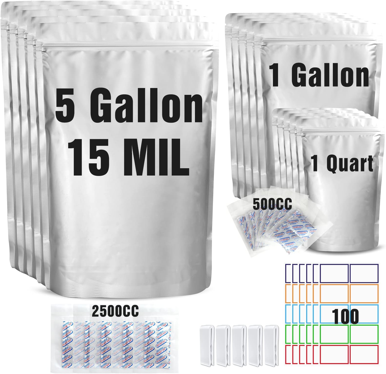 15 Mil 5 Gallon Mylar Bags for Food Storage with 2500cc Oxygen Absorbers 3 Size