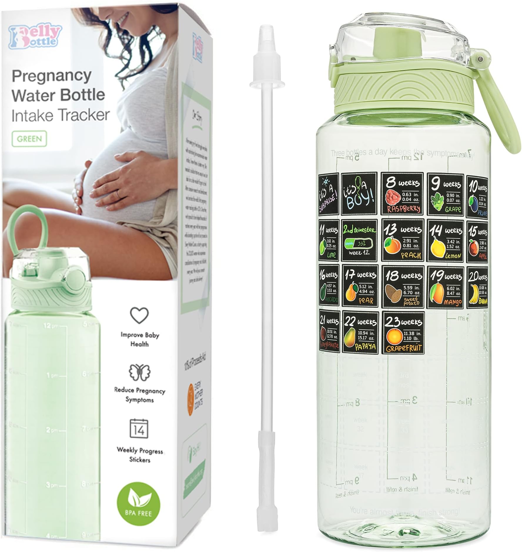 Pregnancy Water Bottle Tracker Must Haves for Expecting Moms Nausea Relief + Straw + BPA Free Green