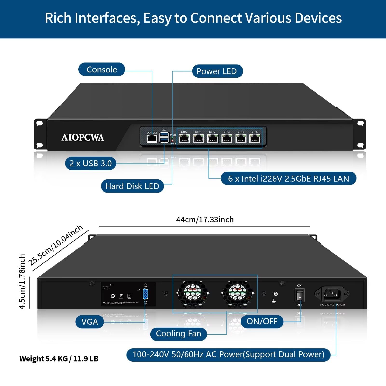 Pare-feu 1U N100, 6 x i226-V 2,5 GbE LAN Firewall Hardware VPN Routeur PC, DDR5 8 Go RAM 512 Go SSD OPNsense Hardware 19" pour serveur Homelab avec VGA, SIM