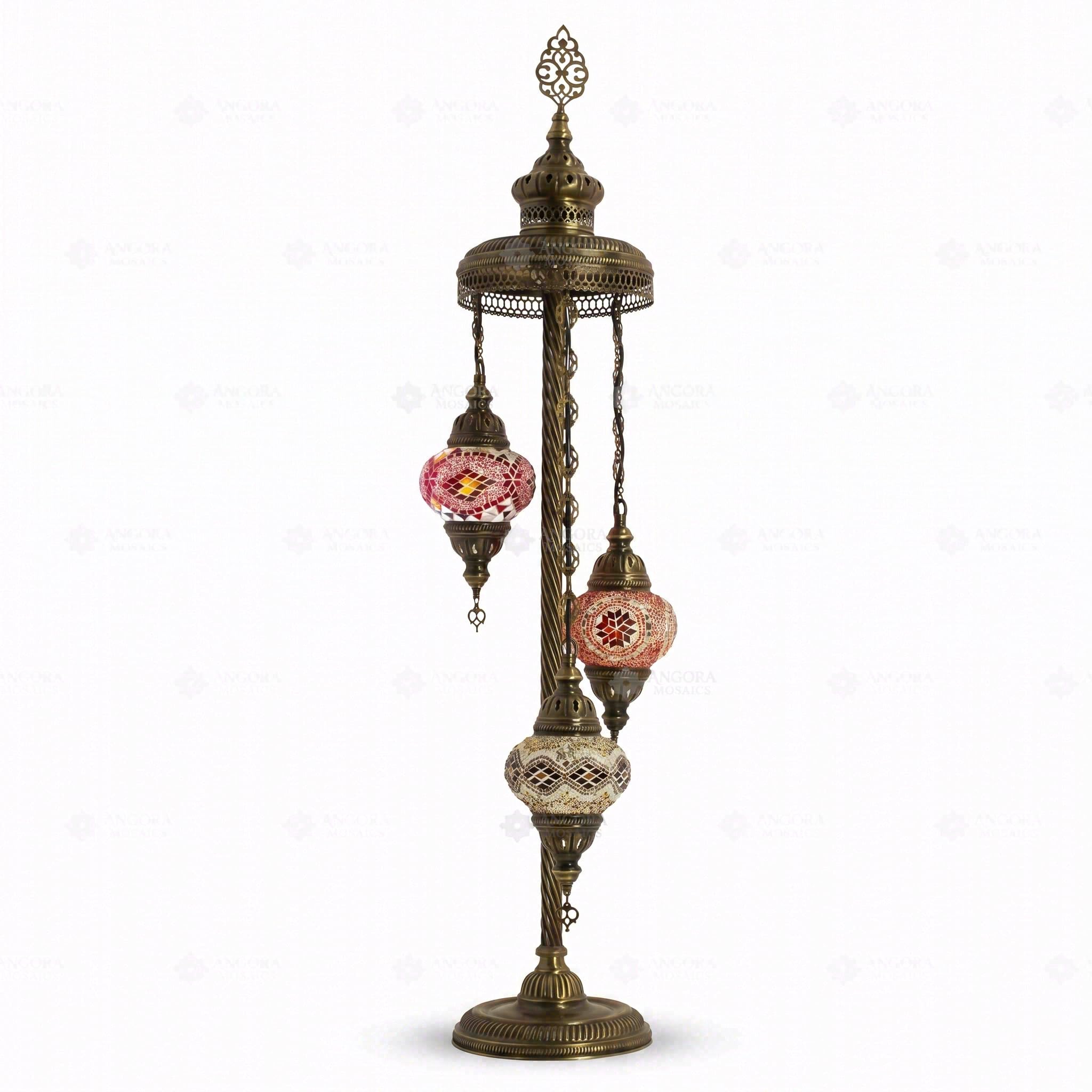 ENVA Lampada da terra a mosaico turco, 3 globi rossi e ambrati, decorazione bohémien marocchina fatta a mano