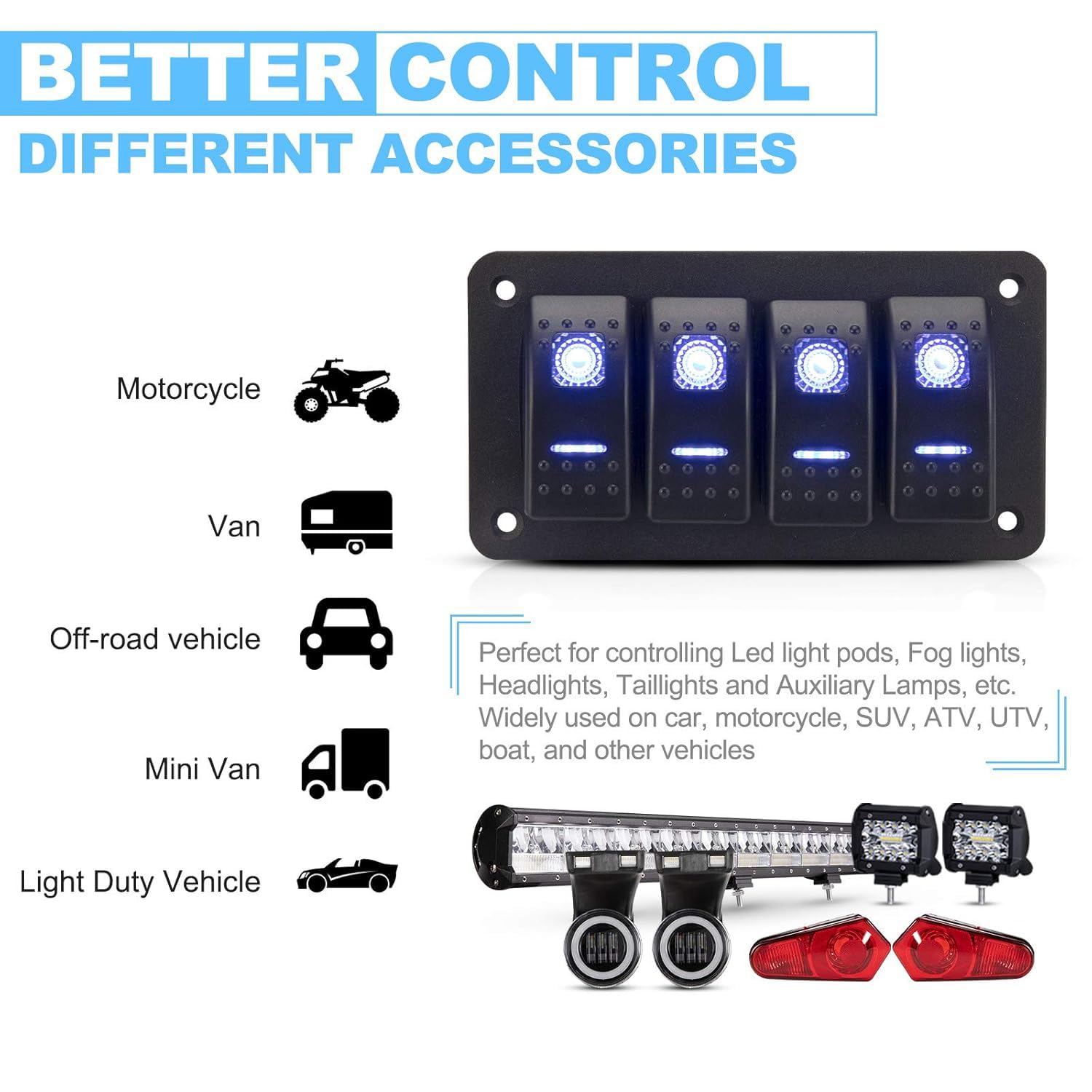 Greluma 4-banda pannello interruttori a bilanciere ON/OFF precablato retroilluminato blu per auto barca camper