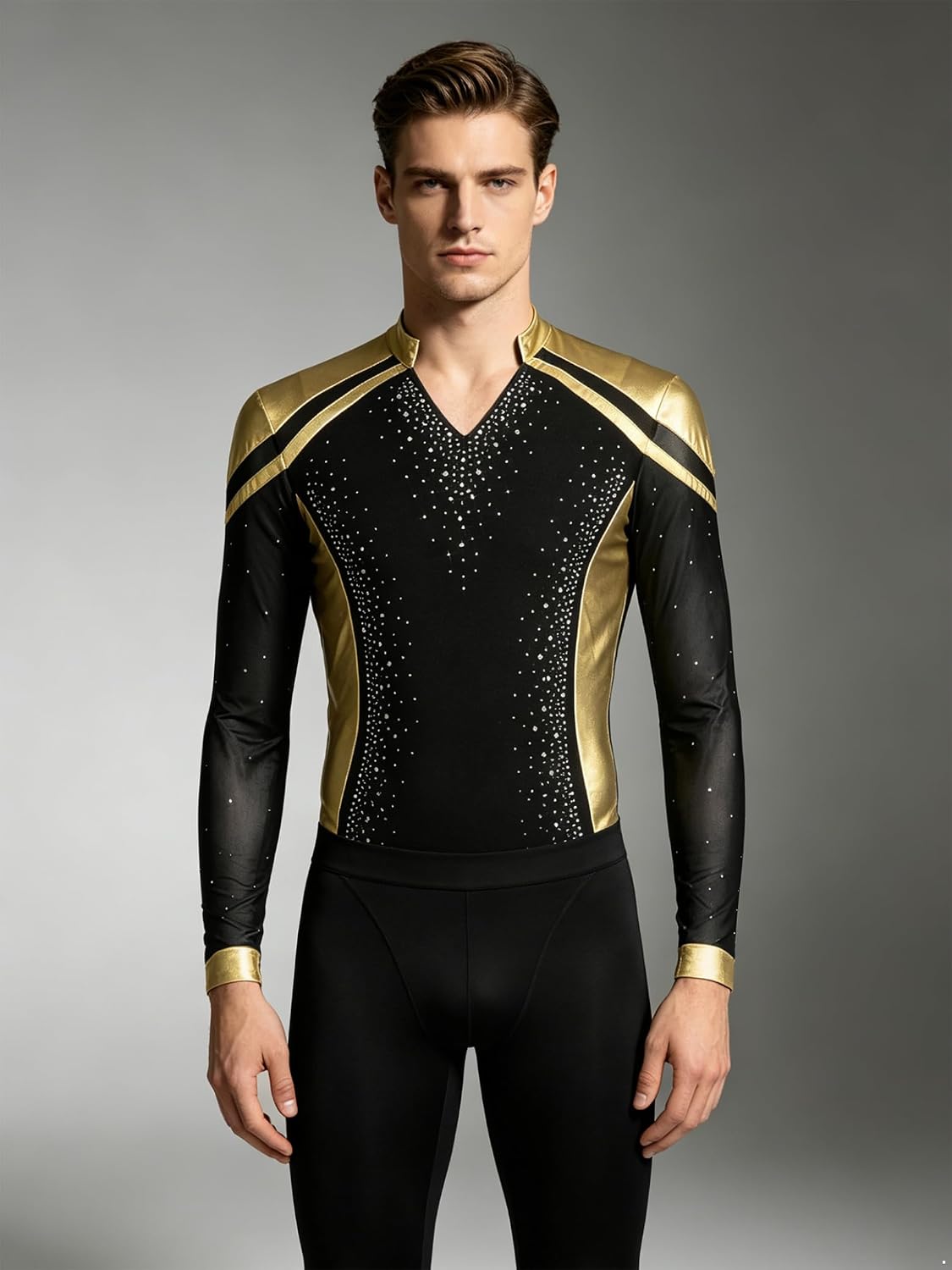Men Metallic Latin Dance Leotard Long Sleeve Sparkly Rhinestones Ice Skating Training Shirt for Party