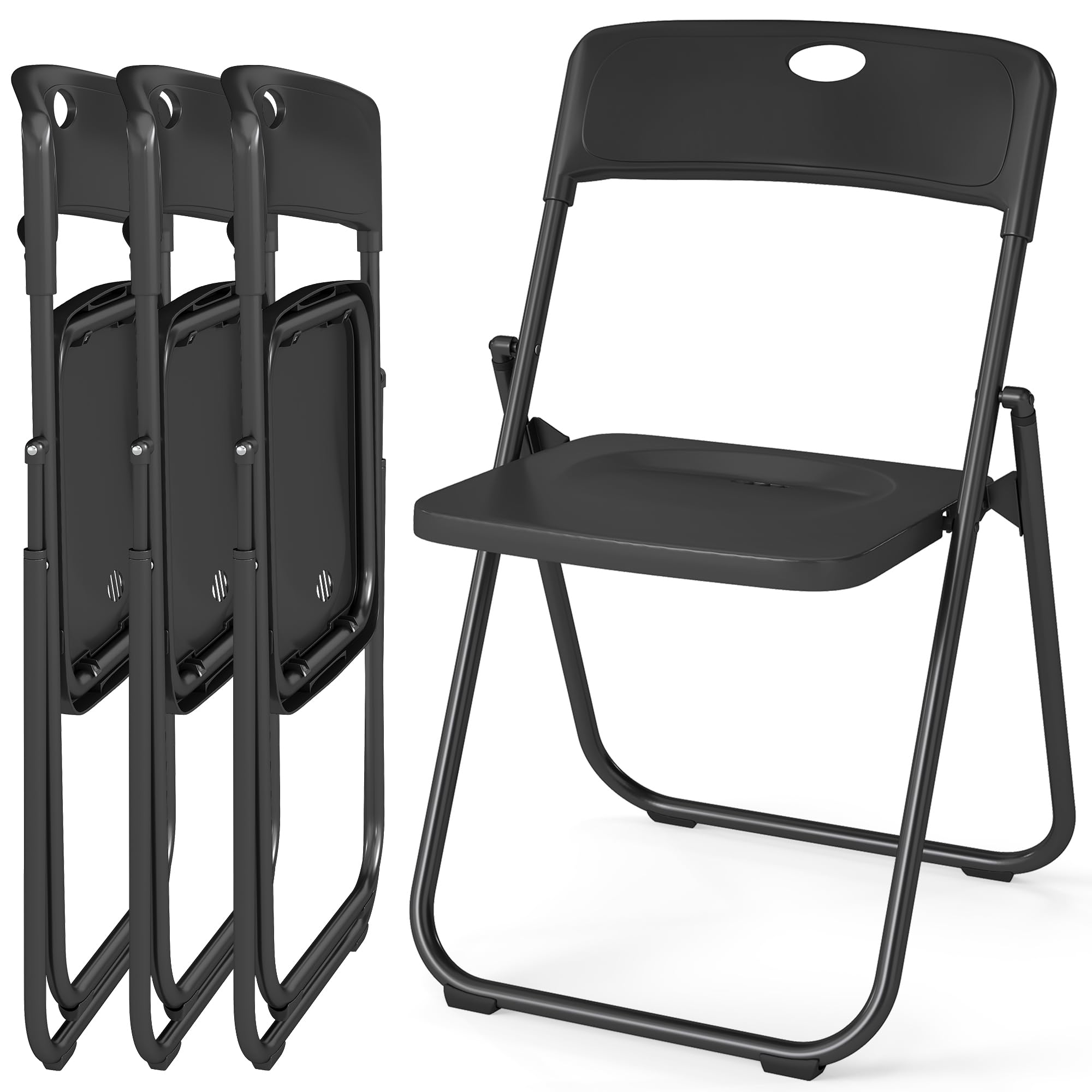 Set 4 Sedie Pieghevoli Salvaspazio in Plastica e Metallo, Sedie da Giardino Richiudibili Resistenti Fino a 158 kg, Comode e Leggere per Interni ed Esterni, Campeggio,Nero