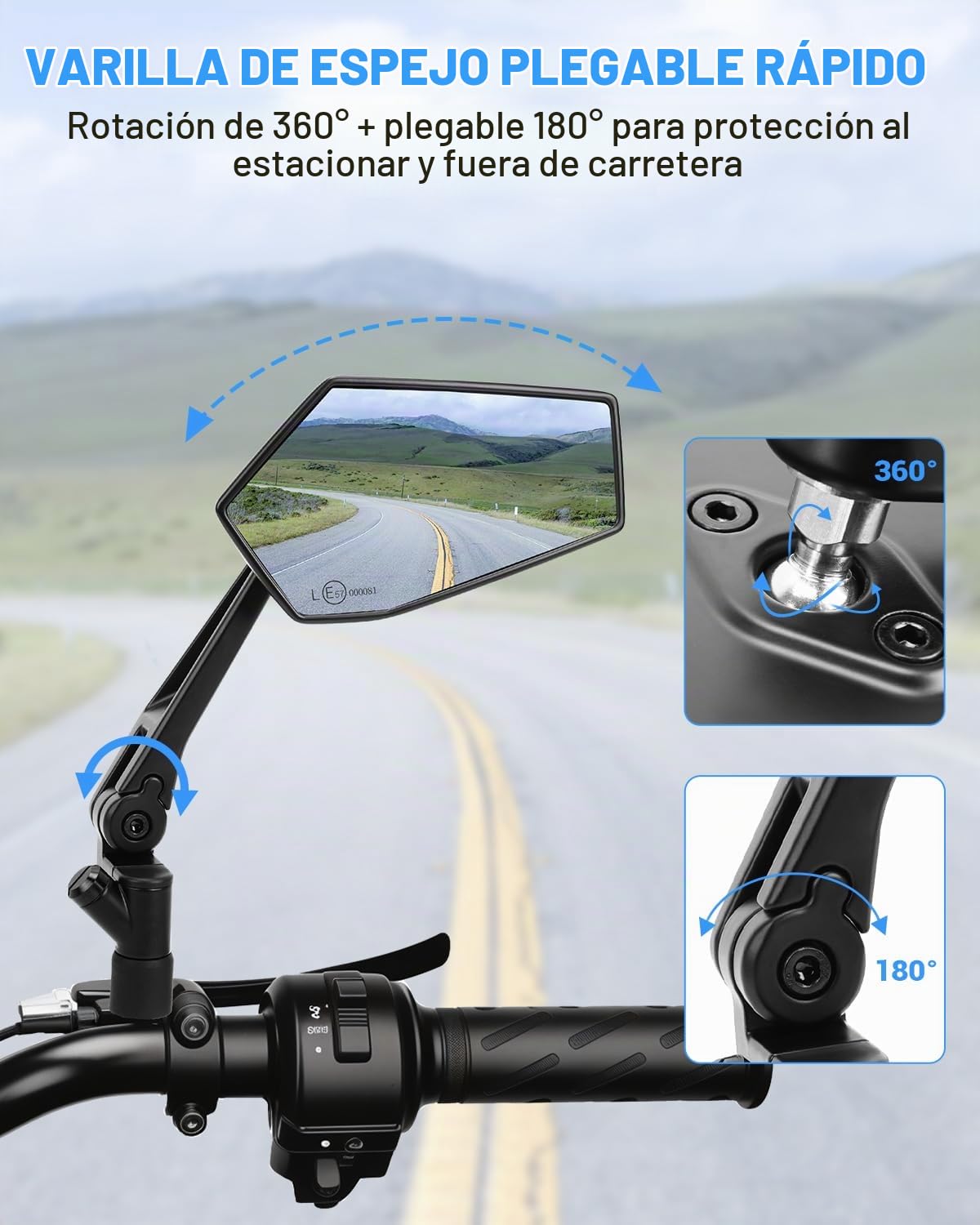 SUPAREE Espejo retrovisor plegable para motocicleta, apto para uso todoterreno, homologado para uso en carretera, con rotación de 360° y soporte de bola integrado de 1 pulgada para scooters y quads.