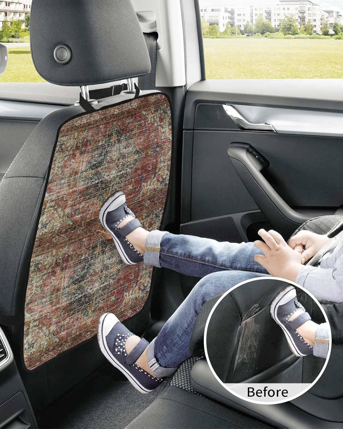T&H XHome Car Seat Protector, 2 Pack Kick Mats Back Seat Protector Mysterious Retro Totem Flower Printing Art Waterproof Backseat Cover for Kids Universal Fit Automotive Interior Protectors