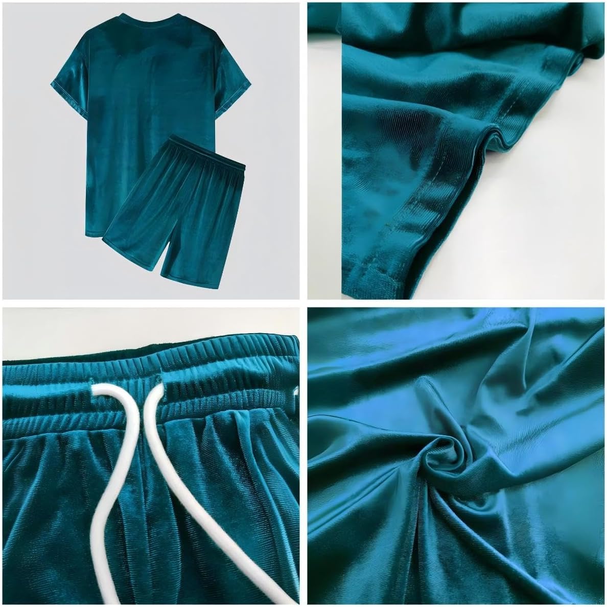 Men's street retro short sleeved shorts set, velvet short sleeved round neck shirt pullover sweatshirt
