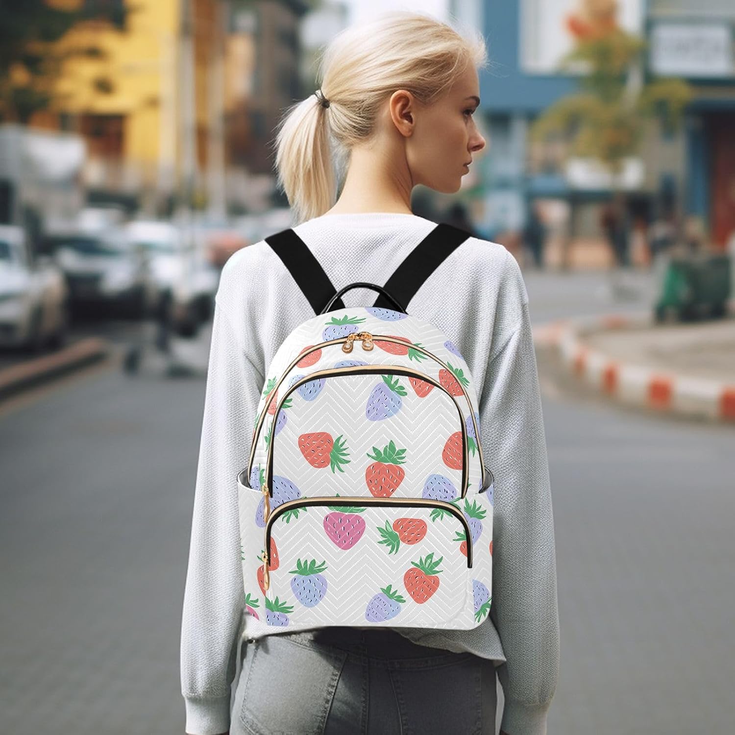 Blue Pink Strawberry Backpack Purse for Women Shoulder Bag Fashion Daypack Ladies Handbag Lightweight Travel Bag Rucksack