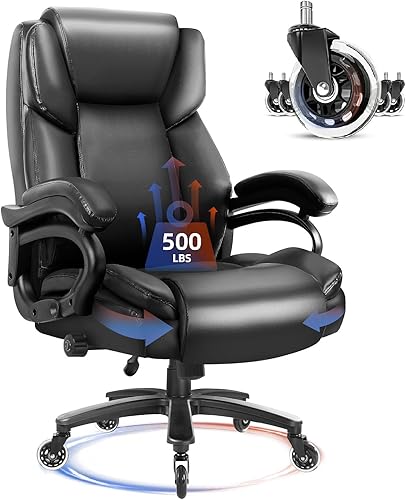 Waleaf Silla ejecutiva resistente, capacidad de 500 libras, respaldo alto, soporte lumbar ajustable, cuero, negro, para trabajadores de oficina