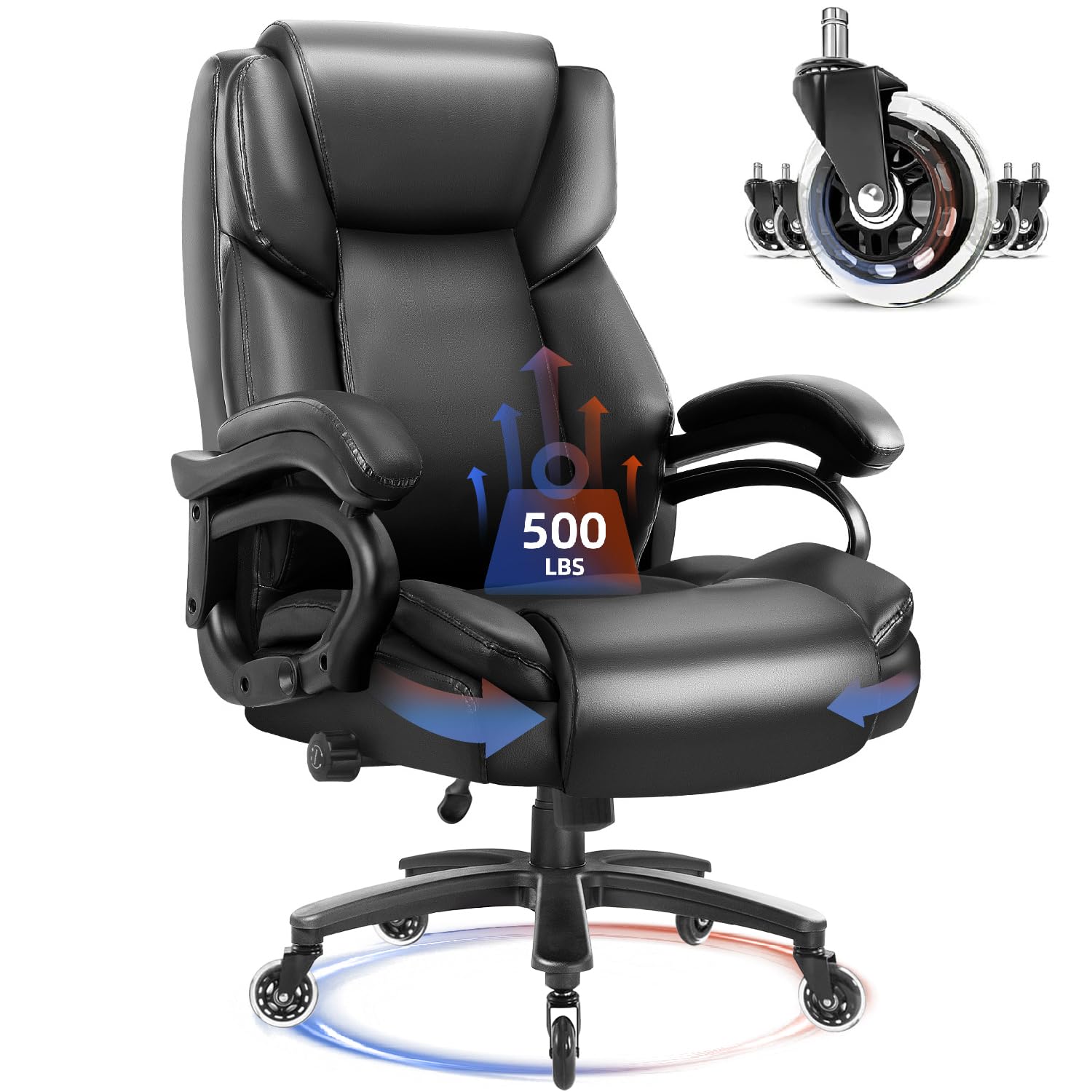 Waleaf 500lbs Big and Tall Office Chair, Heavy Duty Chair for Heavy People, Adjustable Ergonomic Lumbar Support Executive Chair, Large High Back and Quiet Rubber Wheels