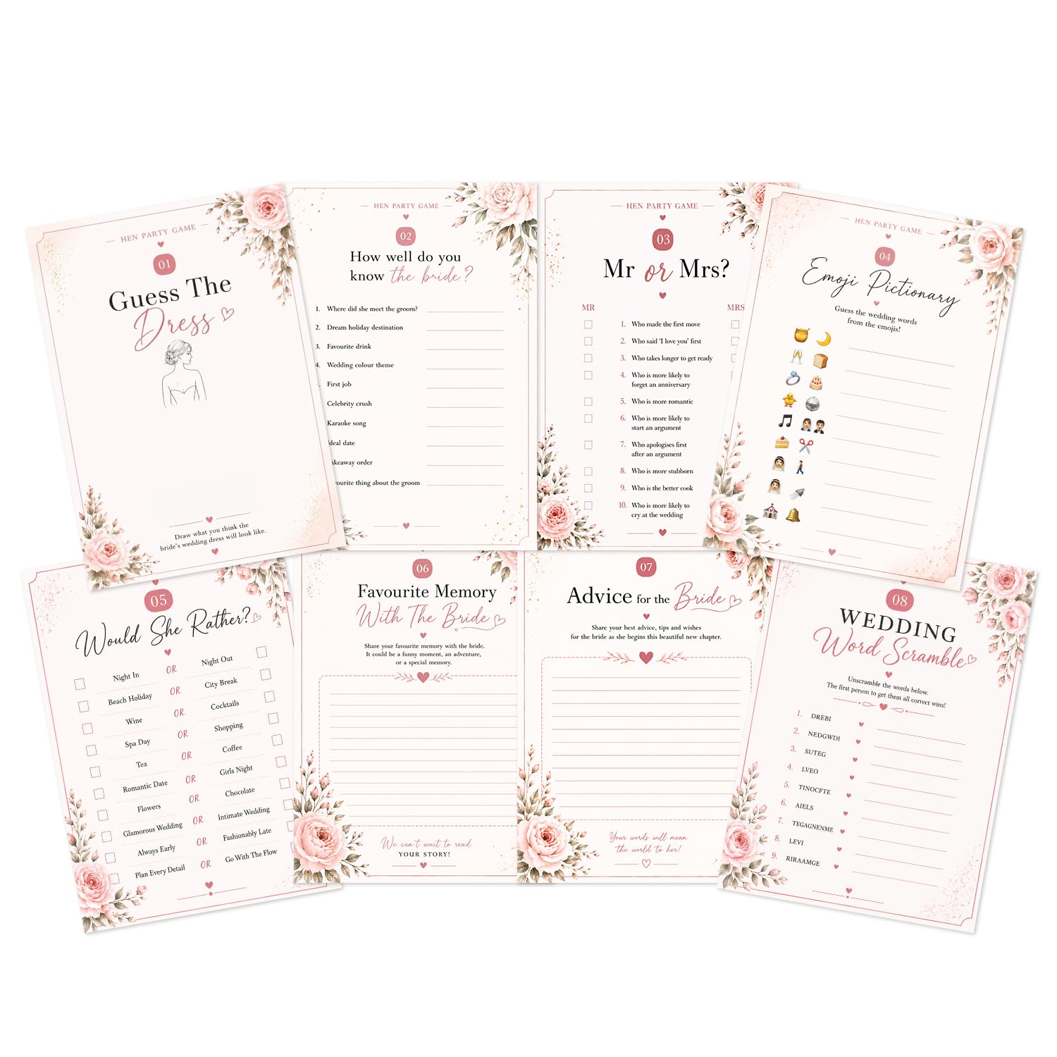 Hen Do Party Games Set β 8 Fun Bridal Shower & Bachelorette Party Games β Includes Guess the Dress, Mr & Mrs, Advice for the Bride & More β Hen Party Entertainment Pack (30 Guests)