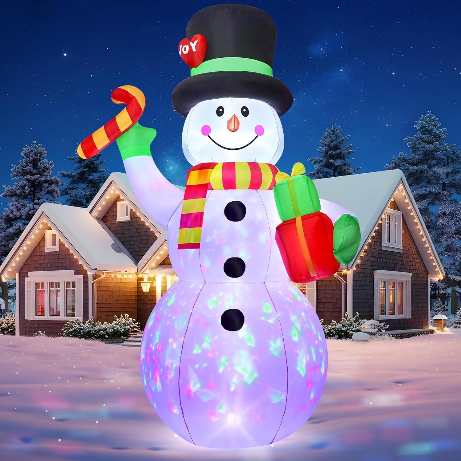 2,13 m Aufblasbarer Schneemann mit Rotierenden Bunten LED-Lichtern | Weihnachtsdeko für Außenbereich mit integriertem Gebläse | Wasserdicht & Sturzsicher für Gärten, Hof und Weihnachtsmärkte
