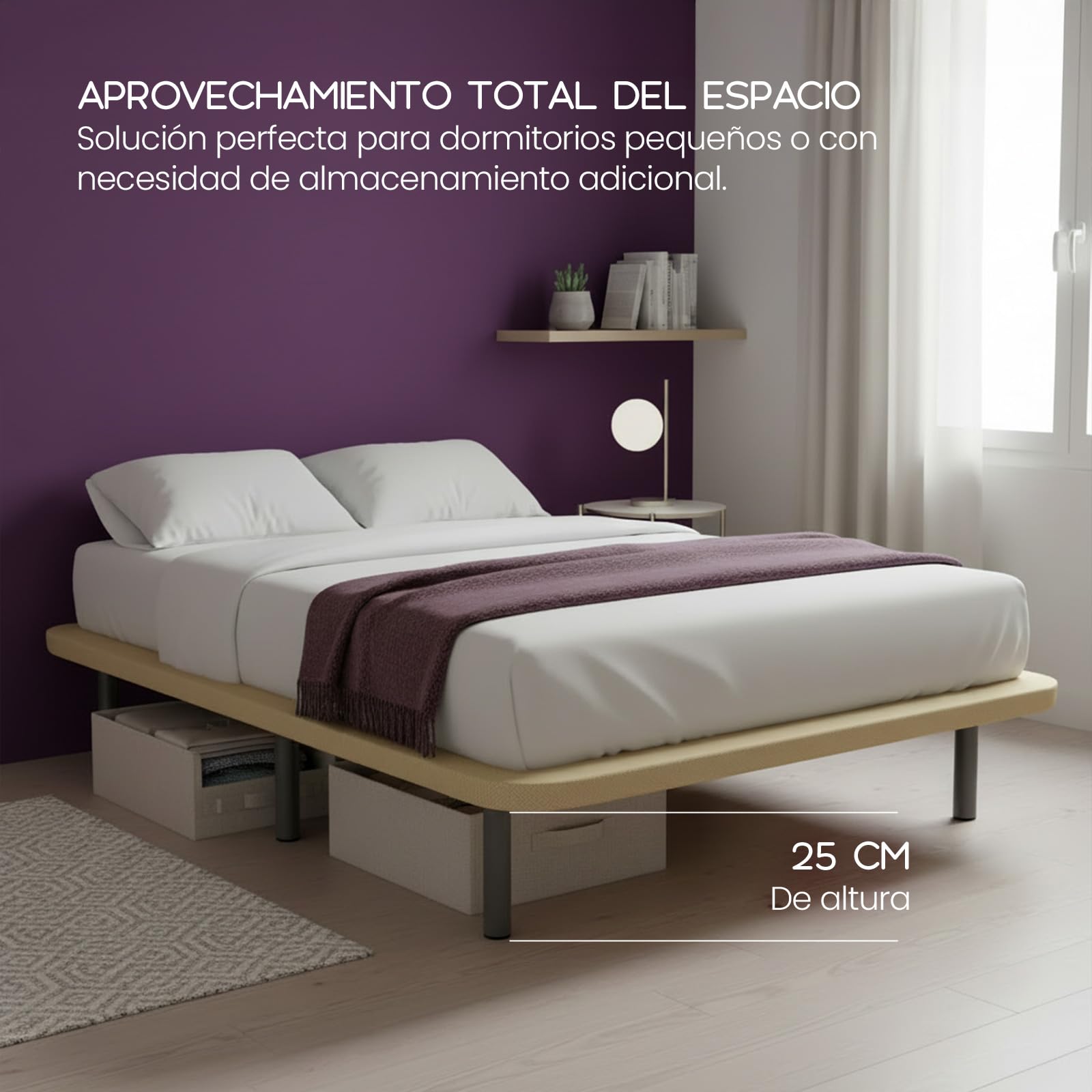 mattfy - Base Tapizada 3D 135 x 190 Beige Extra Resistente con Gran Estabilidad y Barras de Refuerzo, Incluye 6 Patas metálicas roscadas de 25cm