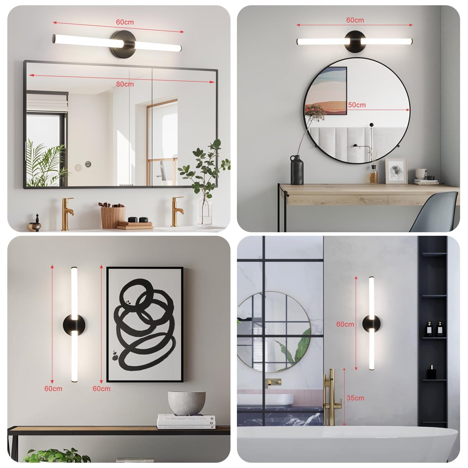 Homefire Lampada da specchio a LED Luce per specchio da bagno da 60CM | Applique da bagno nera da 8W impermeabile IP44 bianco neutro 4000K applique per corridoio camera da letto