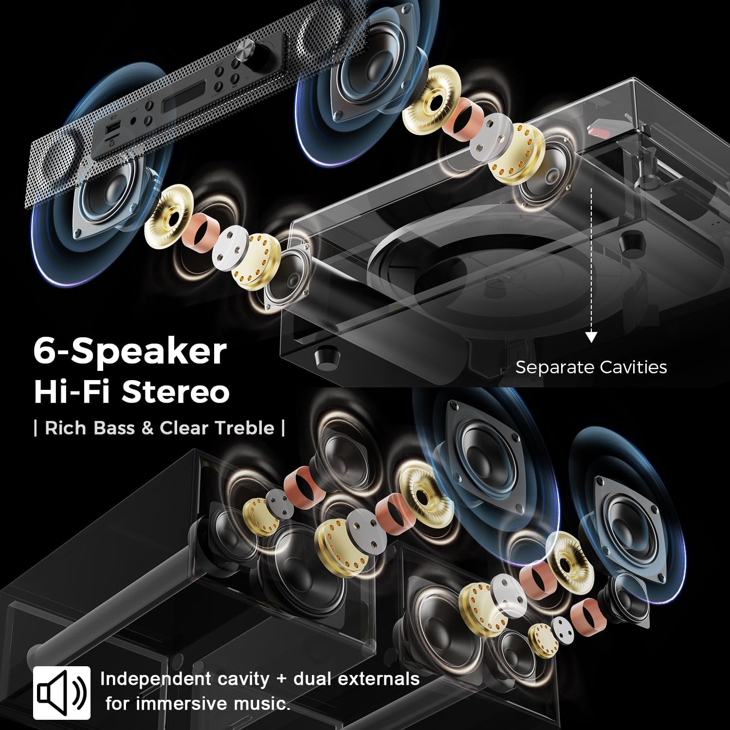 Bluetooth Record Player with Built-in & External Stereo Speakers, USB/TF Card & PC Recording, 3-Speed Belt-Drive Vintage Turntable with Dual RCA Output, Espresso Wood Grain for Home Entertainment Gift