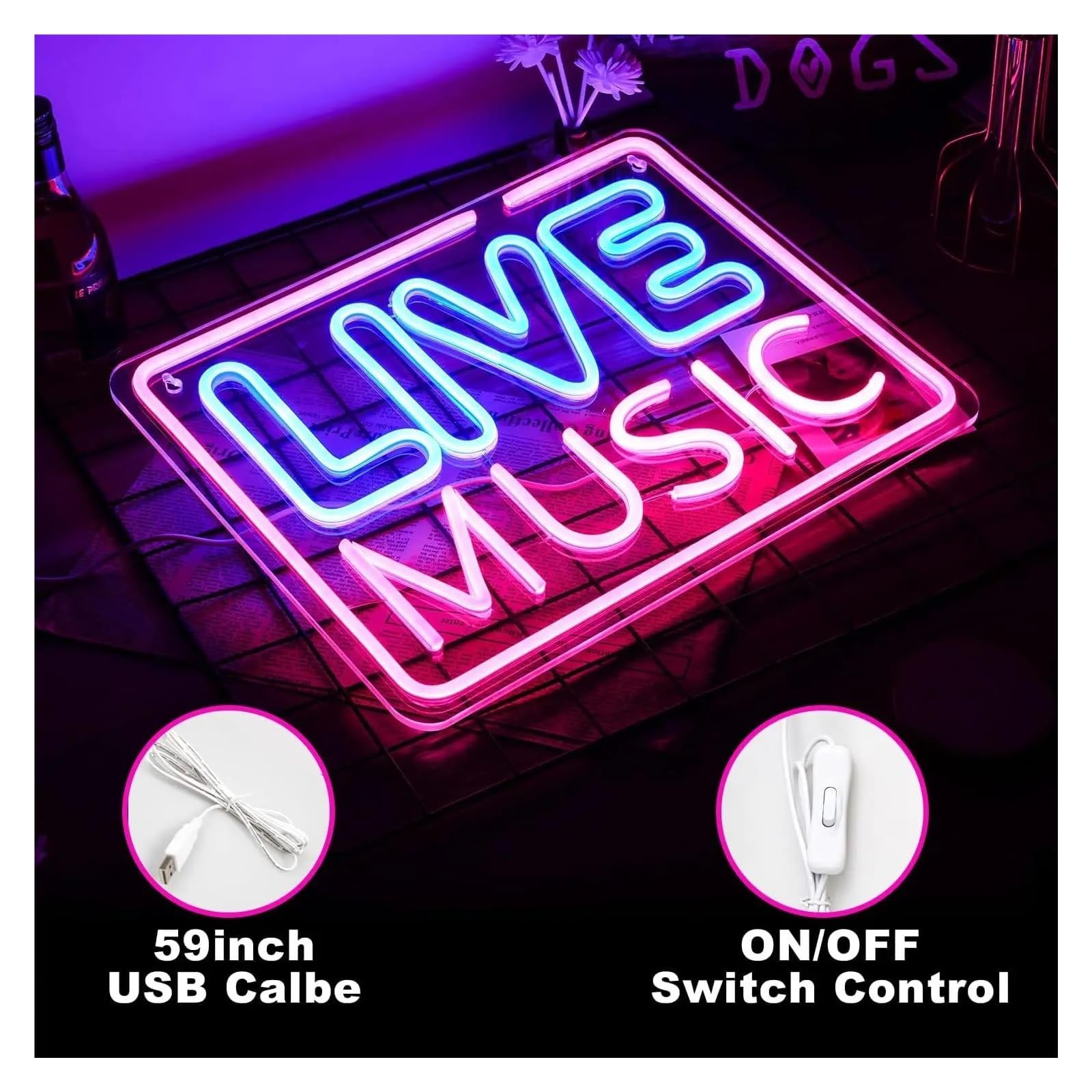 Luci al Neon Da Parete Insegna Al Neon "Live Music"Con Scritta Rosa E Blu, Decorazione Da Parete A LED Per Camera Da Letto, Sala Giochi, Club Musicale, Bar, Studio, Feste,32x40cm