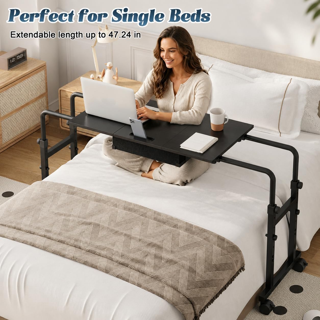 Mobile Recliner Table with Drawer,Adjustable Height and Length Overbed Table with Wheels,Rolling Table for Bed&Sofa,Height from 26.77" to 35.43" and Length from 35.43" to 47.24"
