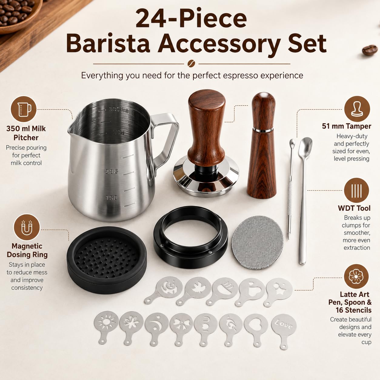 Set Barista 24 Pezzi, pressino per caffe 51 mm, accessori macchina caffe