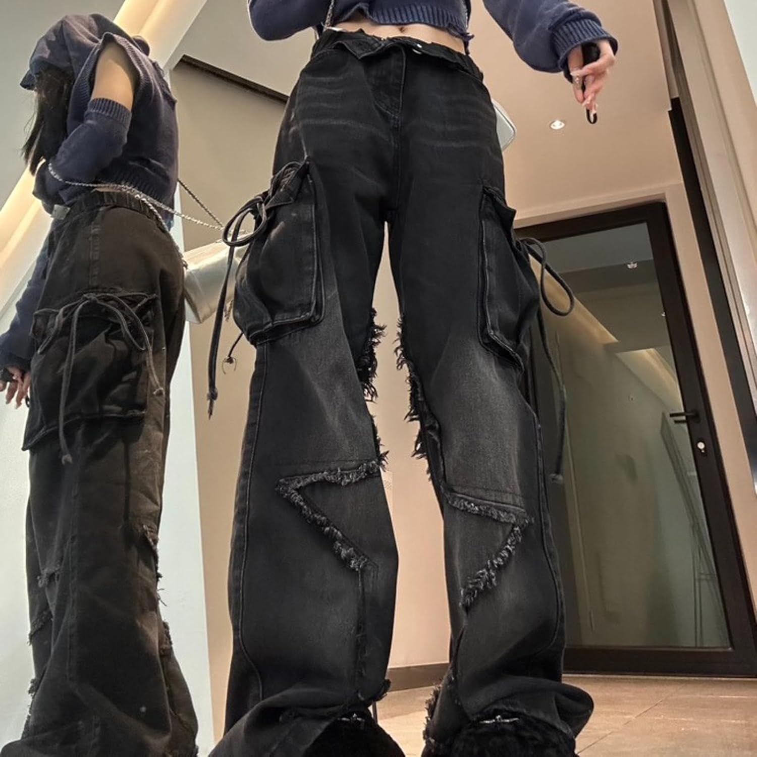 Women's Five Point Star Work Dress Jeans Multi Pocket High Waist Loose Y2K Drop Feel Jeans Gothic Wide Leg Pants - Image 3