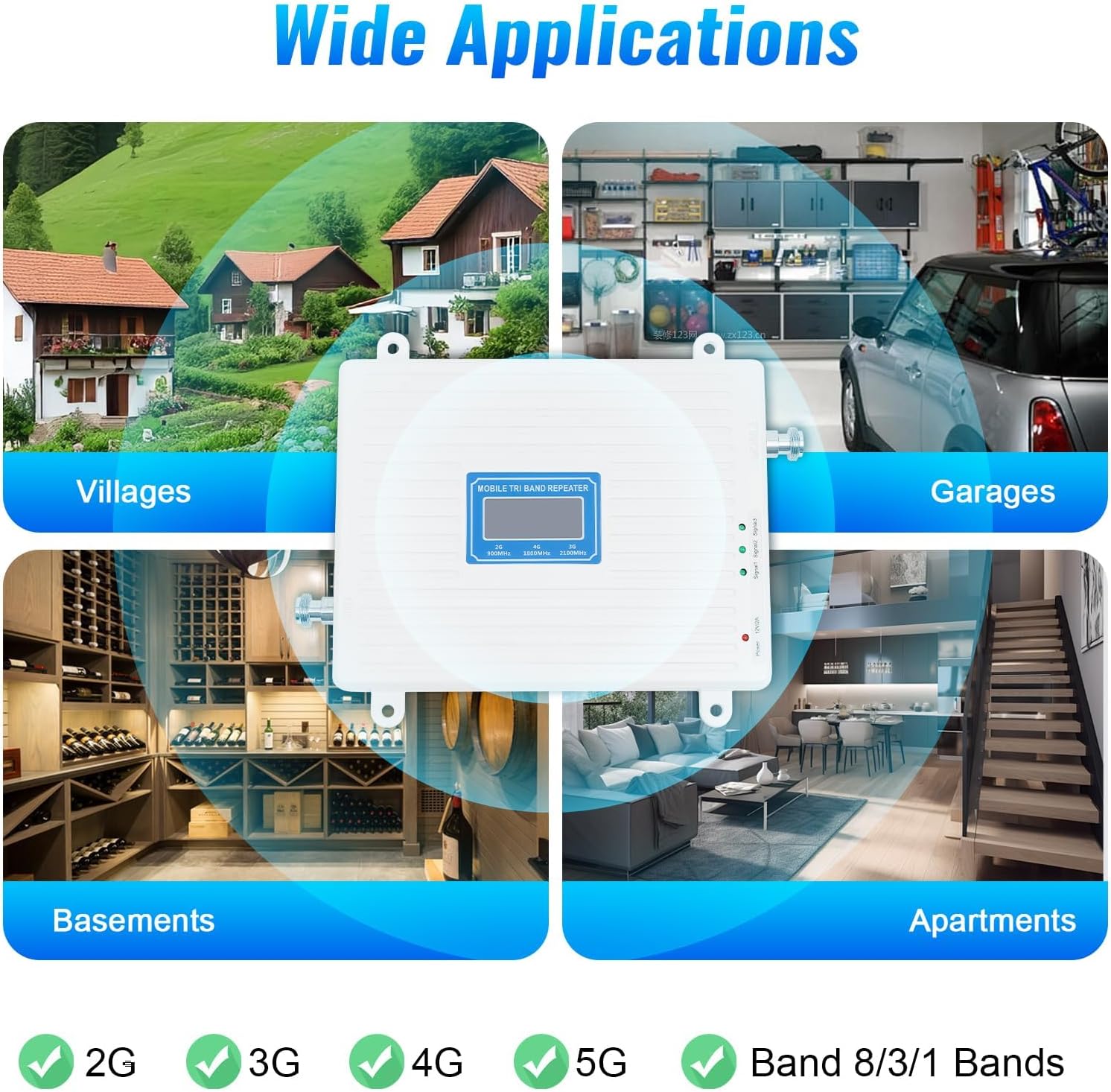 Cell Phone Signal Booster 2G/3G/4G/5G, Tri-Band Repeater with Outdoor and Indoor Antenna – Signal Amplifier for Villages Garages Basements Homes Offices, 1614 sq ft Coverage, 900/1800/2100MHz