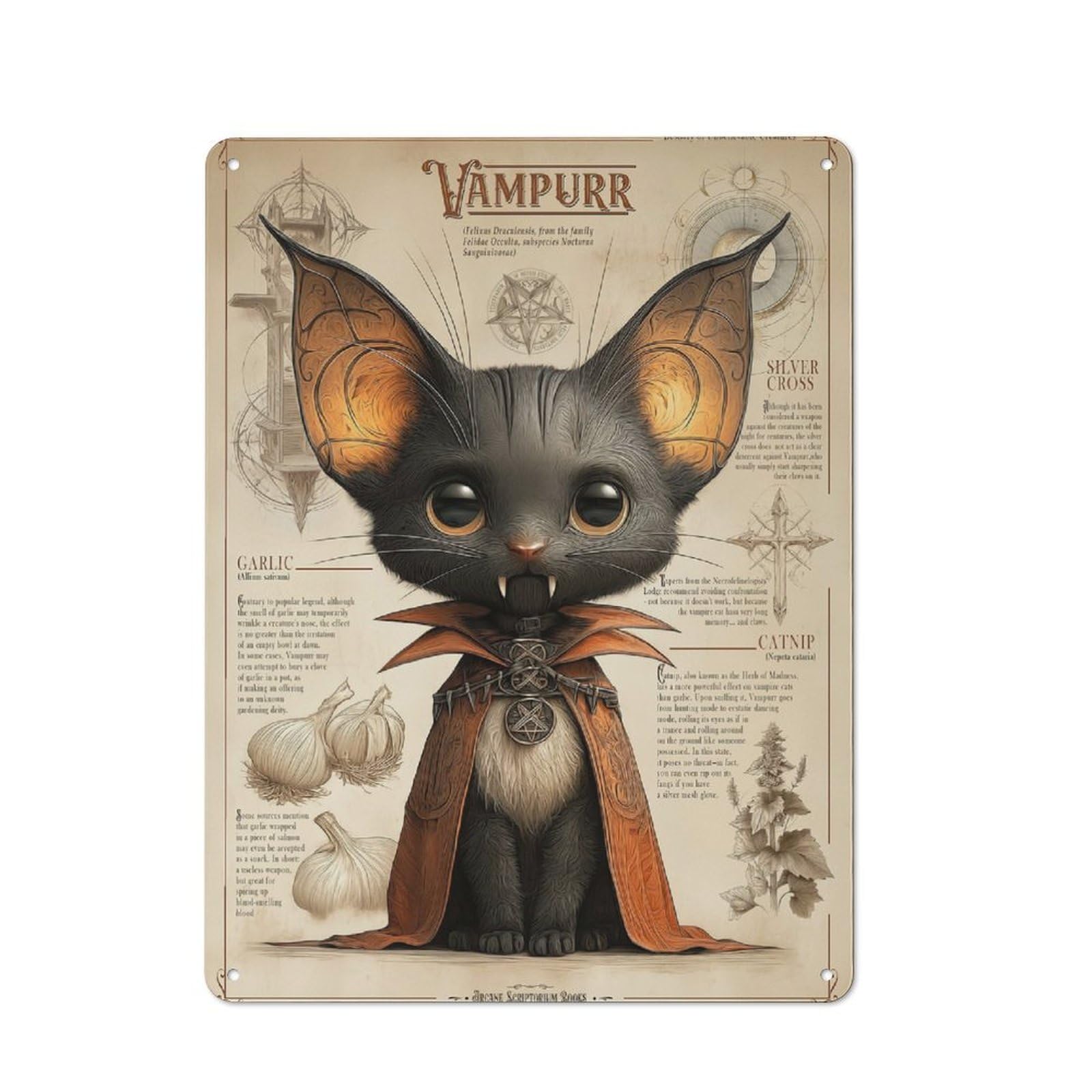 Vintage Tin Sign 40x30cm with Vampurr Cat Vampire Creature for Living Room Or Hallway, for Metal Sign Collectors, for Vintage Wall Decor Fans