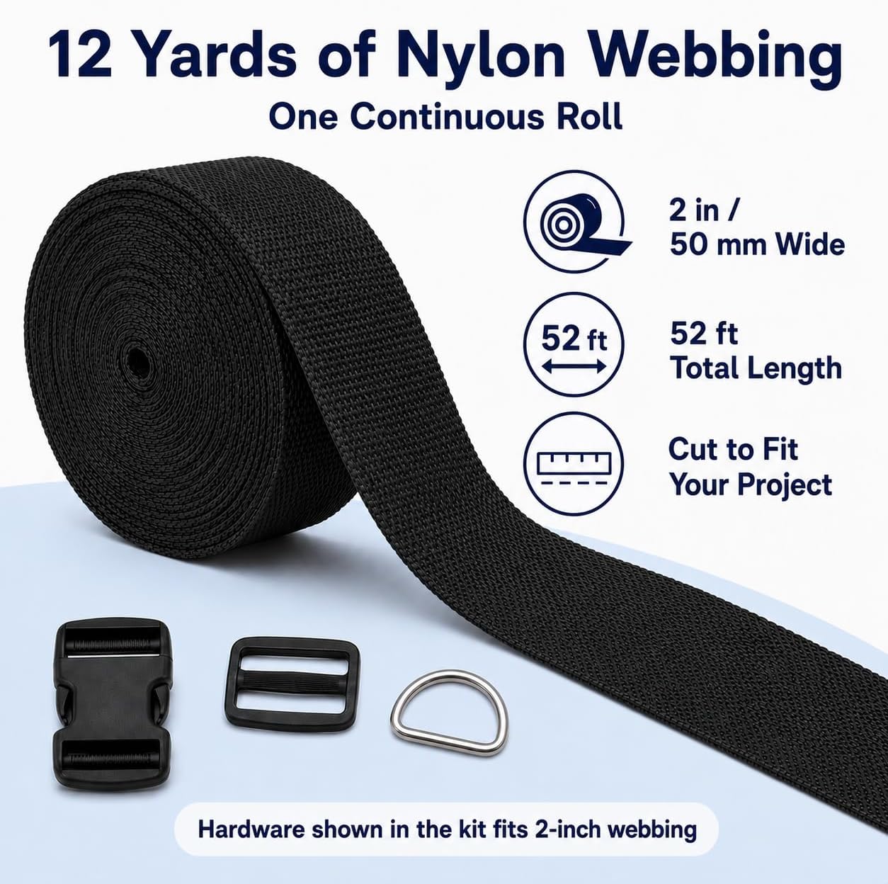 2 Inch Straps and Buckles Set, 12 Yards Nylon Webbing Strap, 12 Pack Release Buckles, 24 Tri-Glide Slide Clips, 12 Pack Metal D-Rings MaHeavy Duty Adjustable Quick Snap Fasteners, No Sewing Required