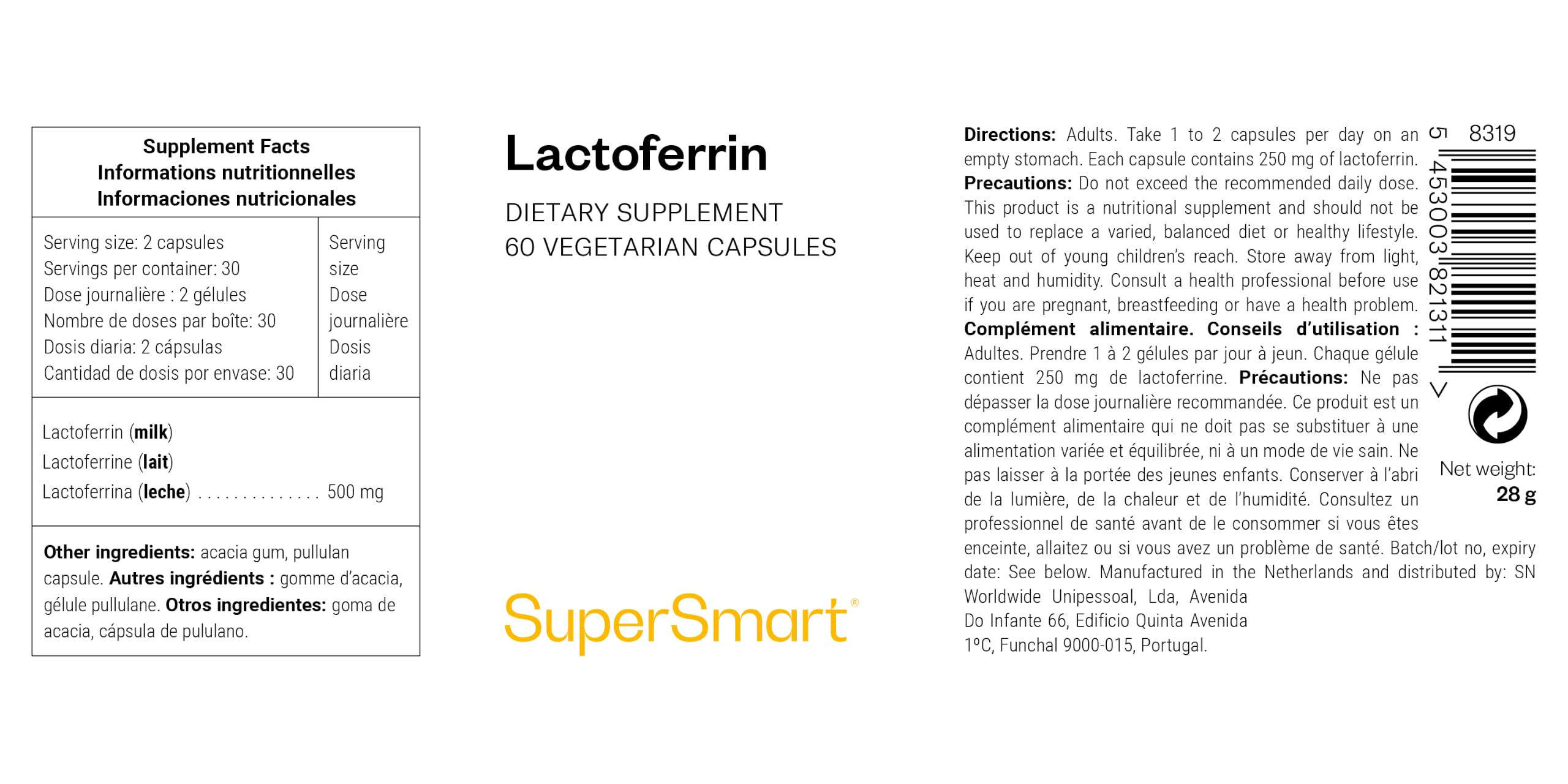 Lactoferrin - Stärkt und optimiert das Immunsystem - Begrenzt Infektionen - Stimuliert die Darmgesundheit - Reguliert das Knochenwachstum - Vegetarisch - 60 Kapseln SuperSmart