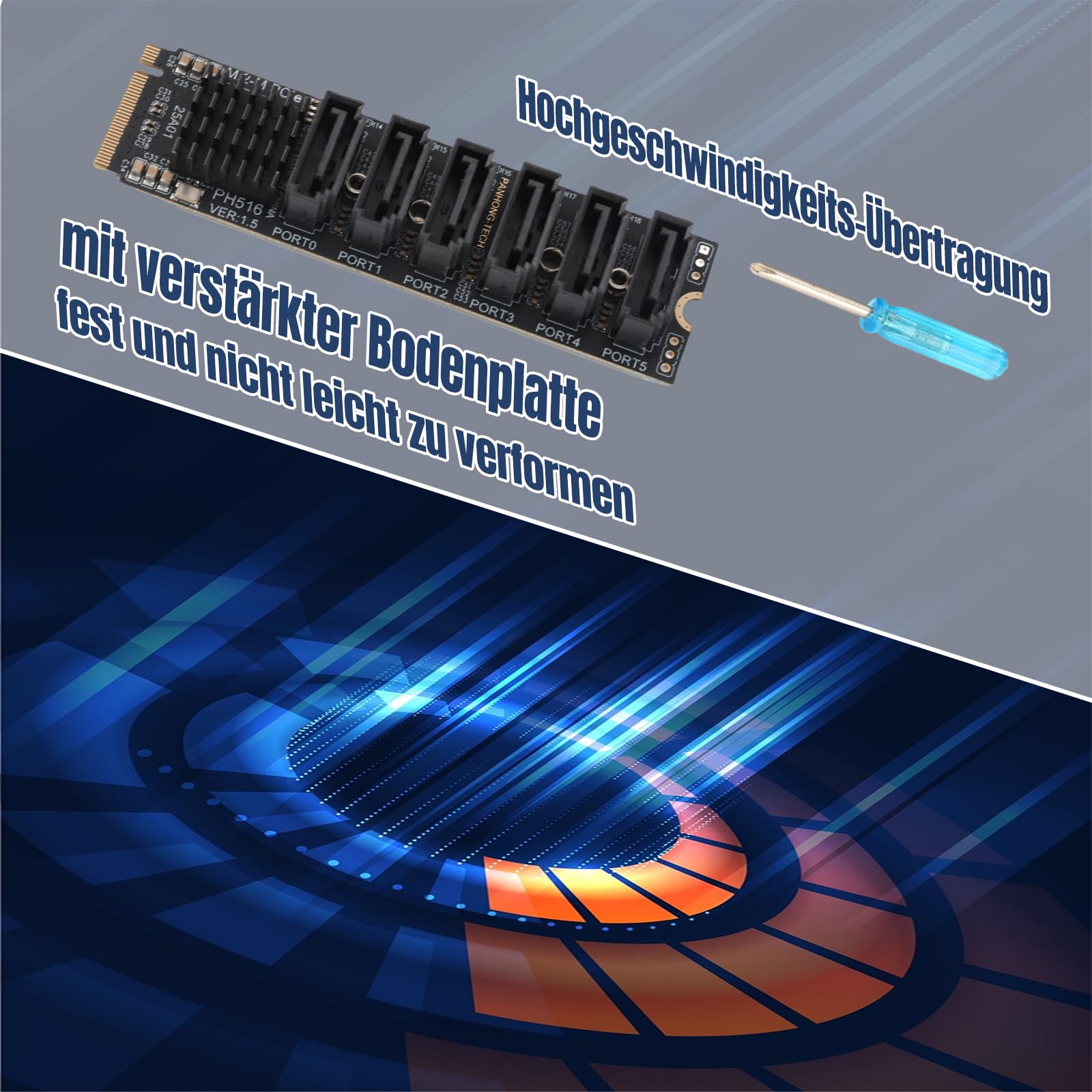 M.2 auf SATA3.0, Erweiterungskarte, 6 PortsSATA 3.0 Controller PCIe Erweiterungskarte für ASM1166 Chip, Adapterkarte PCIE3.0 X2 16 Gbit/s, SATA3.0 6 Gbit/s X 5 Unterstützt 6 SATA Geräte