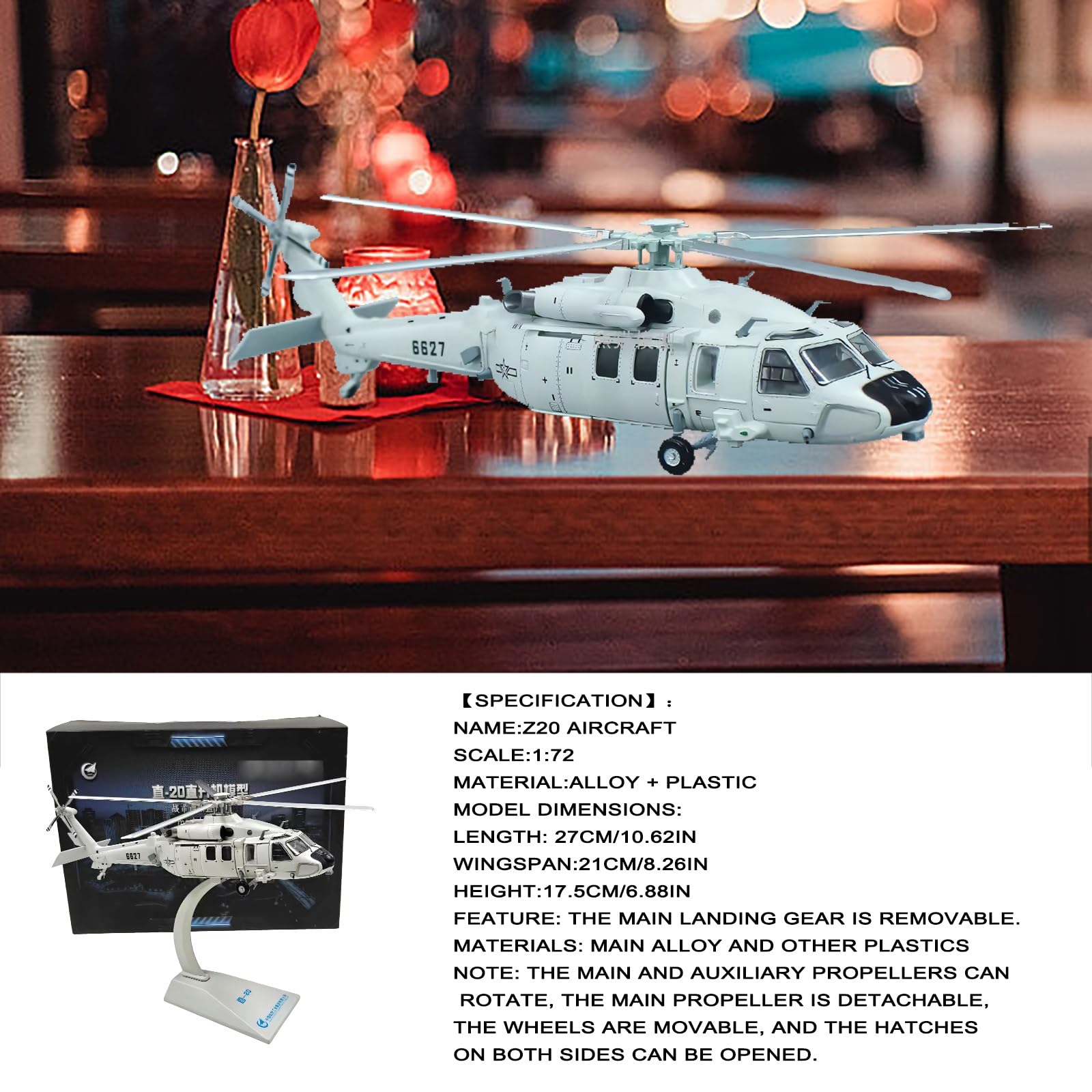 Modello lega simulazione militare elicottero d'attacco Z-20 pressofuso in scala 1:72 con espositore lame rotanti, regalo collezione pronto for l'esposizione for adulti, appassionati modelli