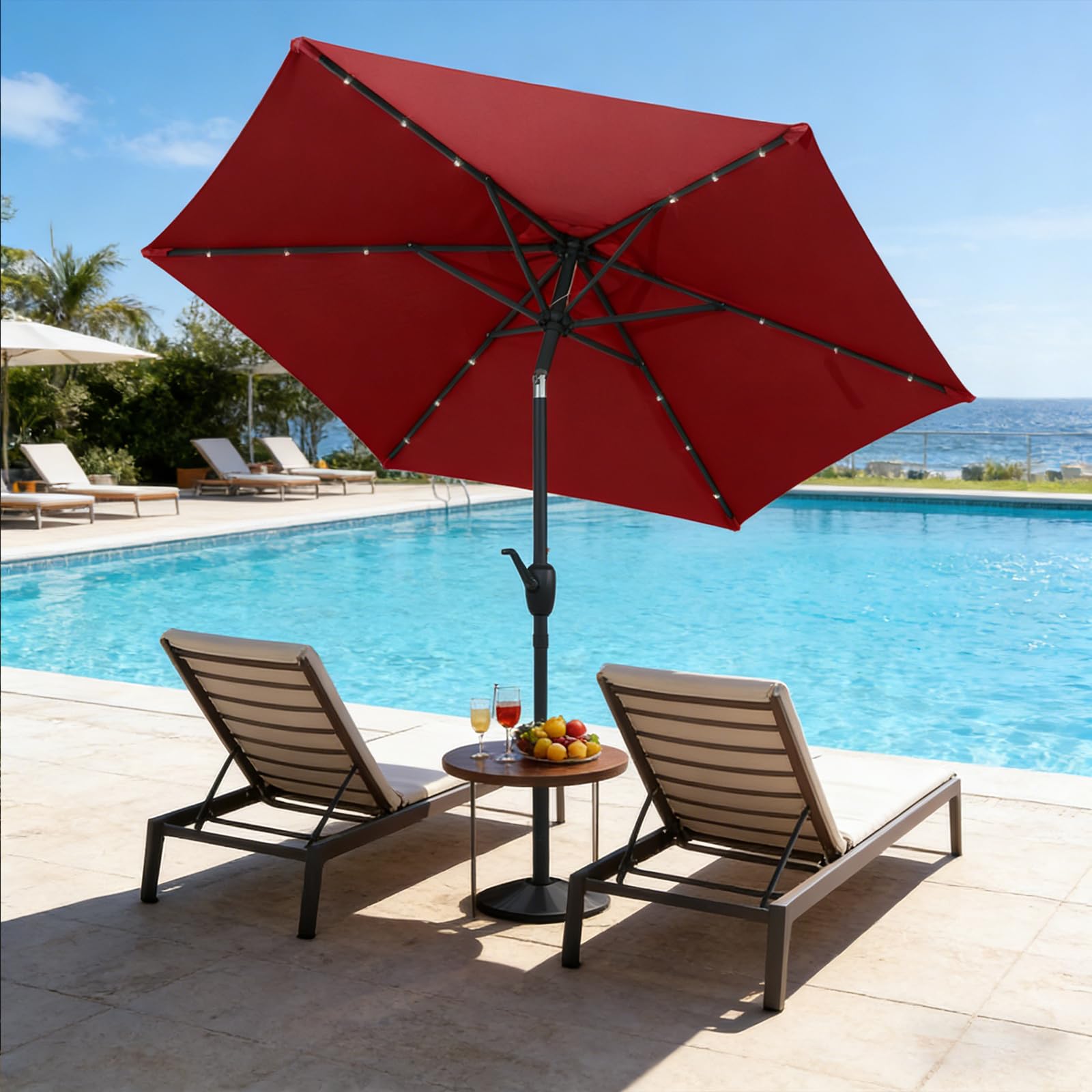 RELAX4LIFE Parasol Inclinable LED 230cm, Parasol de Jardin Extérieur LED, 6 Baleines Robustes, Mât en Métal, Manivelle, Inclinaison à 35°, Protection Solaire pour Balcon Terrasse (Bordeaux)