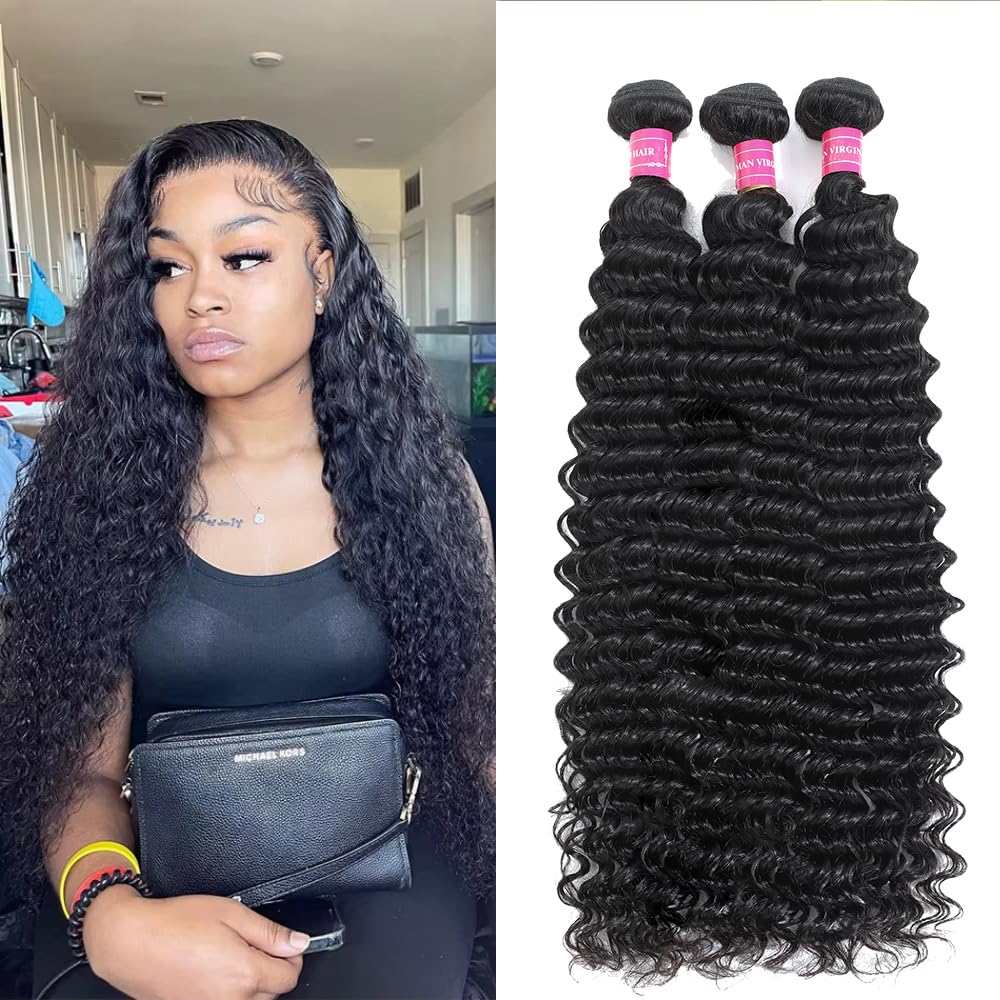 Deep Wave Bundles Human Hair 3 Bundles 12A Brazilian Virgin Human Hair Deep Curly Wave Extensions 100% Unprocessed Human Hair Weave Bundles Natural