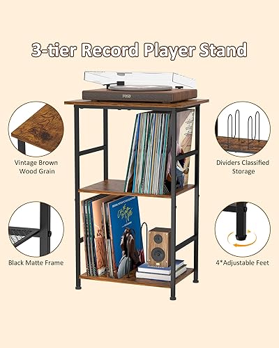 Miniatura 5 de Soporte para reproductor de discos de vinilo para 200 álbumes, mesa giratoria de madera maciza con escritorio extendido, gabinete de soporte LP que