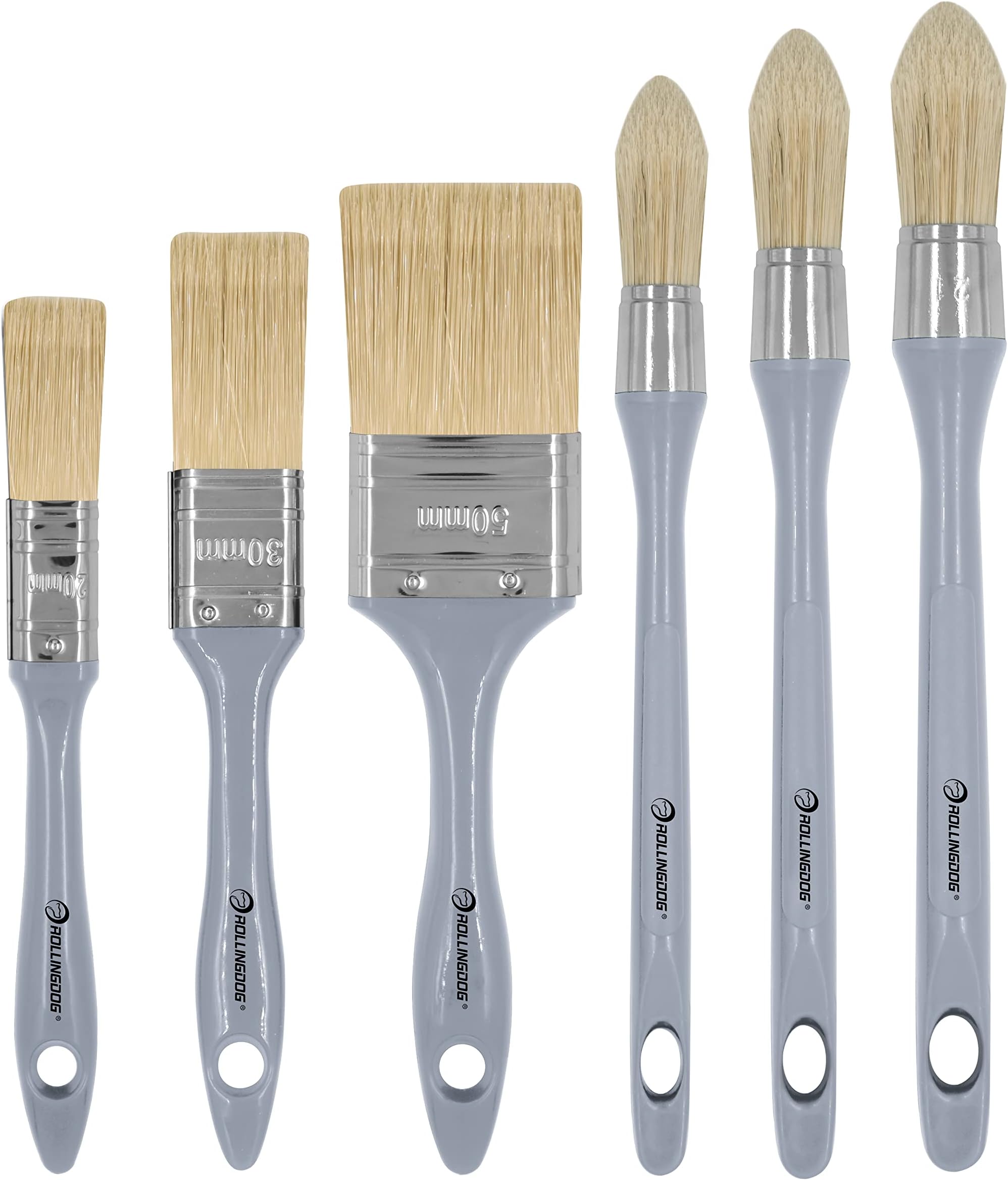 ROLLINGDOG Trim Paint Brush - Pointed Round Edge Paint Brush and Flat Paintbrush for wall Sash,Stain,Varnish,Baseboards(Pack of 6)
