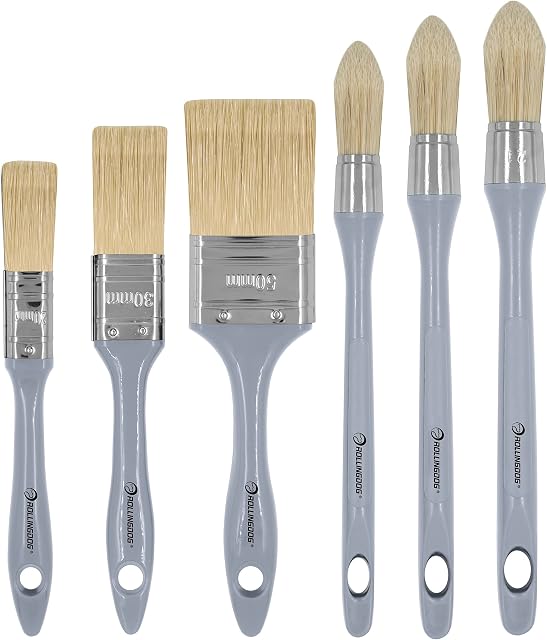 ROLLINGDOG 6PC Paint Brush Set - 3 Flat Paint Brushes and 3 Pointed Round Sash Brushes for Detail Painting Wood Work, Stain, Varnish