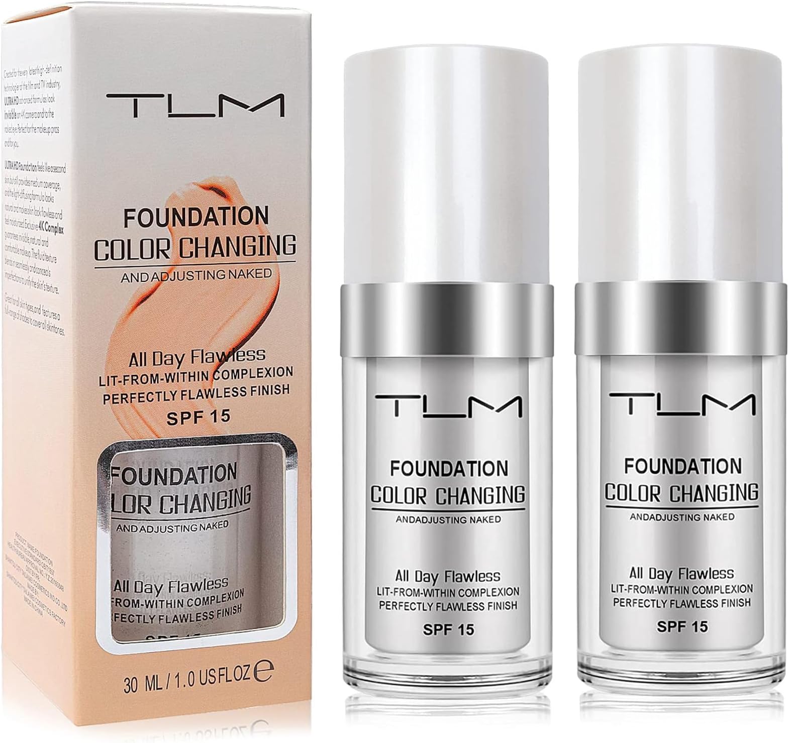 TLM 2 PACK Color Changing Foundation Liquid Base, Concealer Cover Cream,All Day Flawless Warm Skin Tone BB Cream Makeup Base Concealer for All Skin SPF15