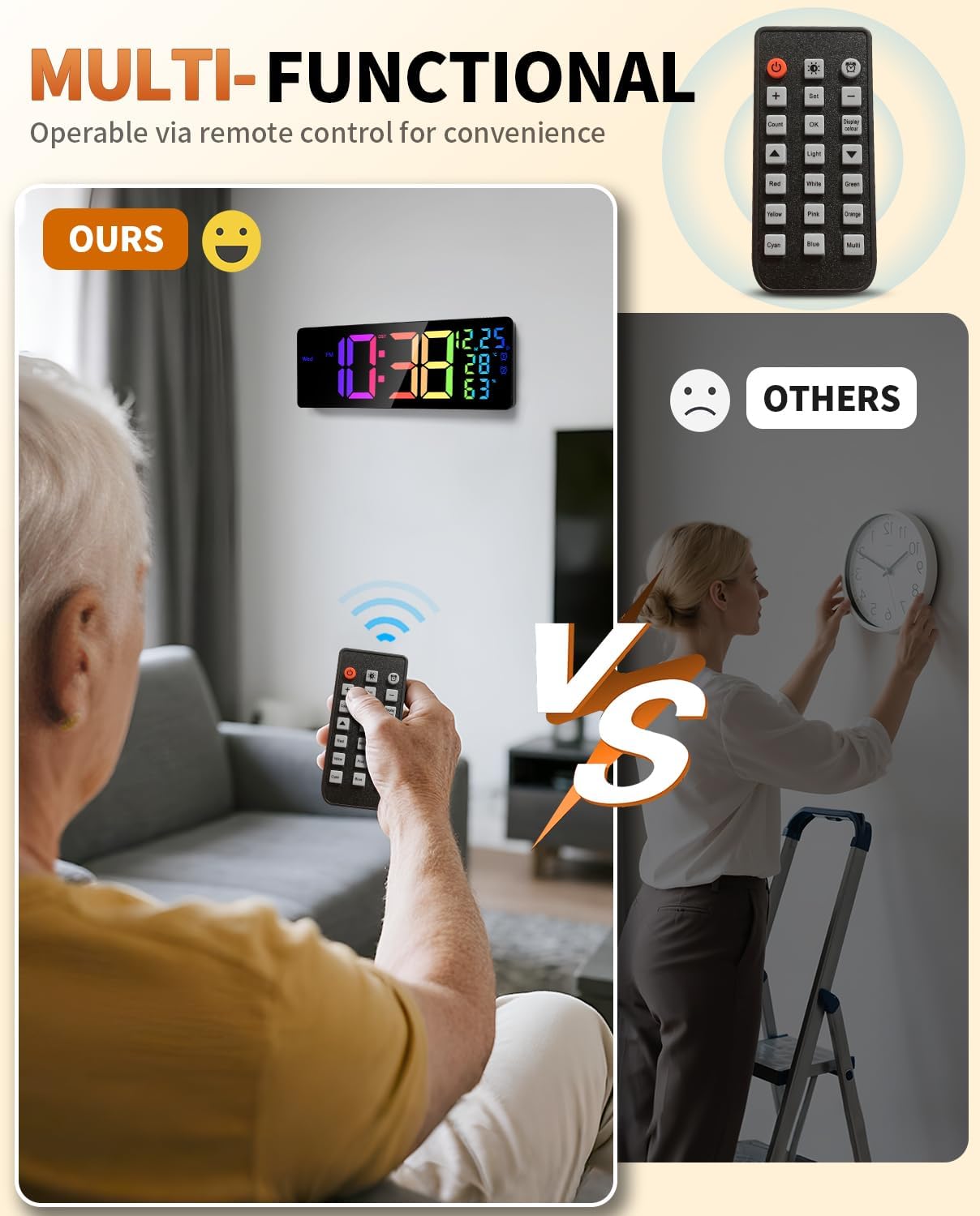 17.2" Large Digital Wall Mount Clock, Count Down Timer, Alarm, Big LED, 11 RGB Color, Temperature for Living Room Classroom Desk, Xmas, Birthday Gift for Senior Mom Dad (Rectangle)