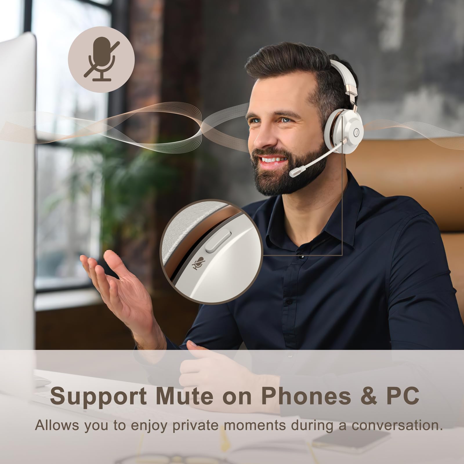 Cuffie wireless con microfono per lavoro, cuffie Bluetooth con microfono a cancellazione del rumore, cuffie wireless on-ear con dongle USB e funzione mute, per lavoro da casa, computer, ufficio