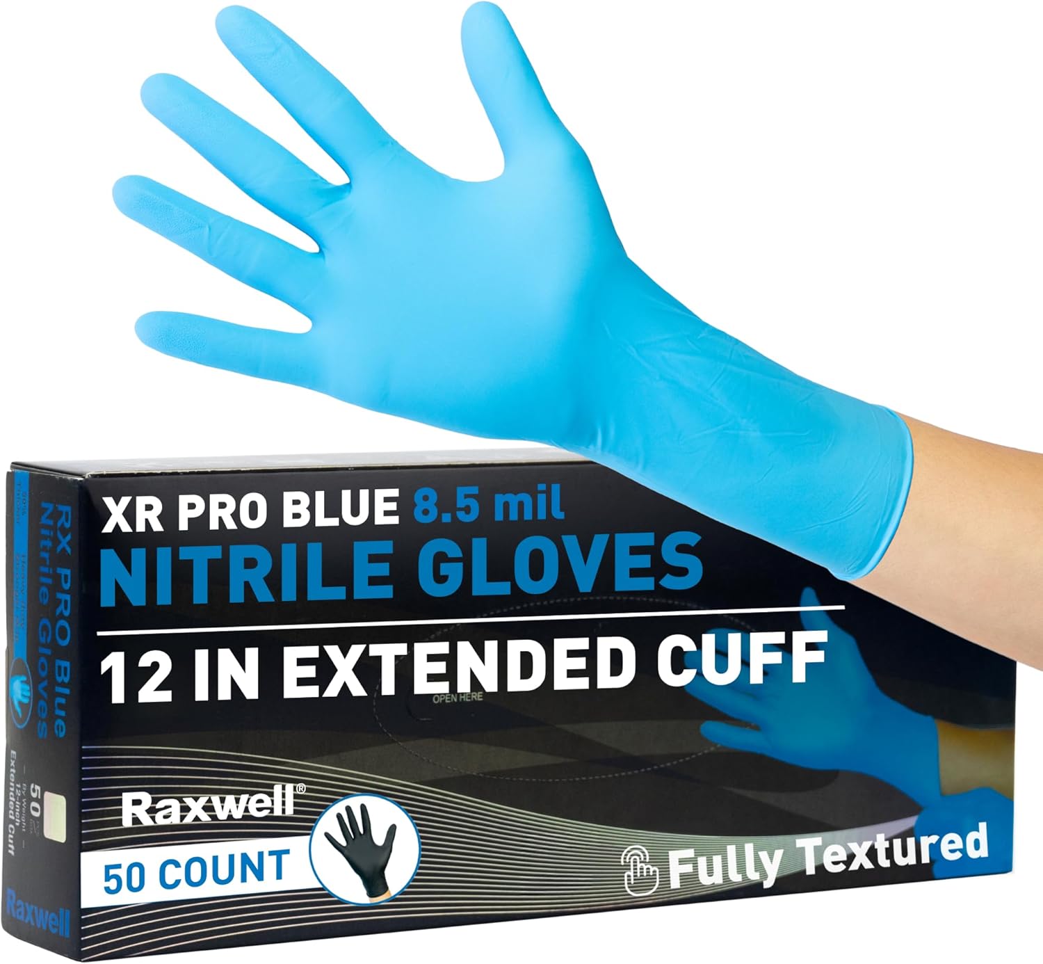 Raxwell Blue Nitrile Disposable Gloves - 8.5mil, Extended Cuff, Latex Free, Food Safe - Waterproof Textured Cleaning Gloves