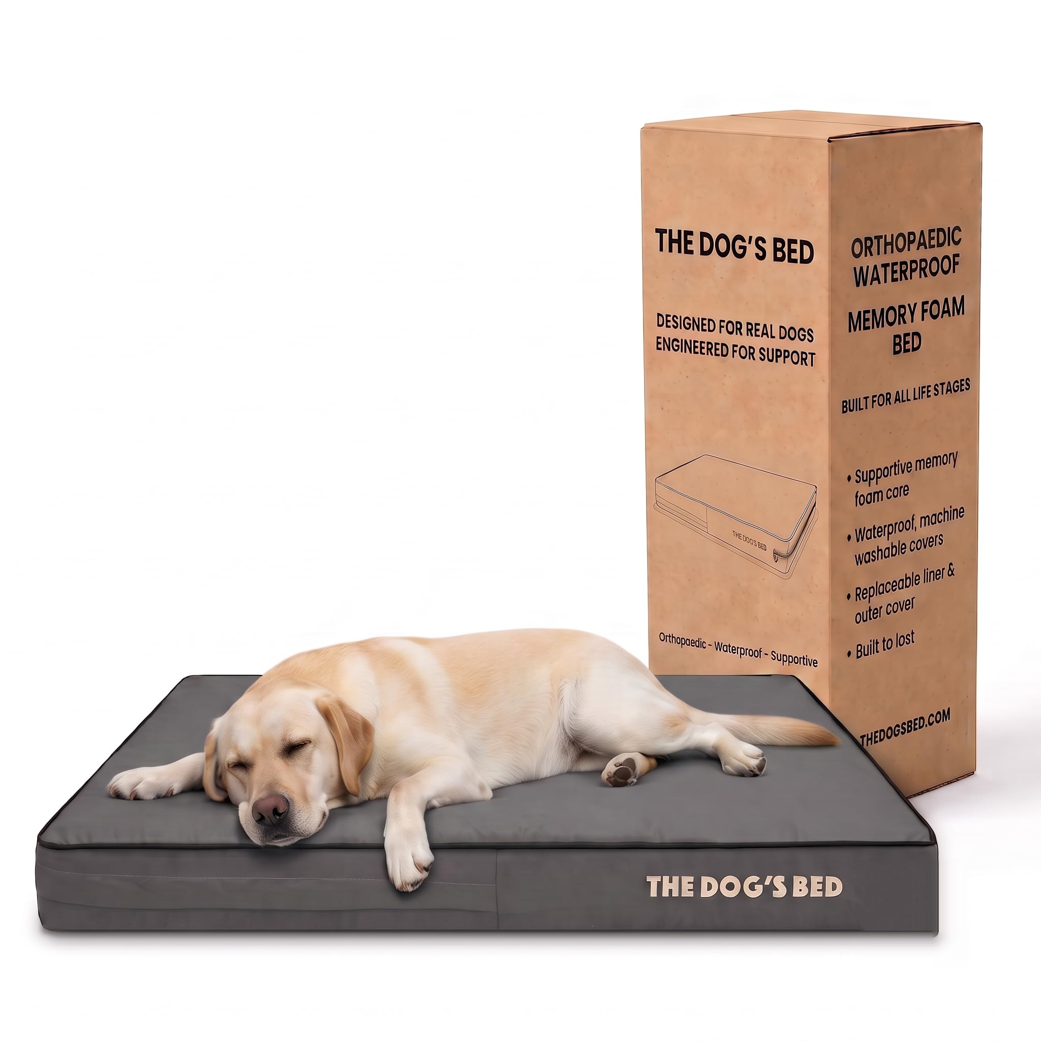 The Dogโs Bed Orthopaedic Memory Foam Dog Bed for Large Dogs, Waterproof Washable Cover, Anti-Slip Base, Calming Surface โ CertiPUR-Certified Foam, Grey Oxford with Black Trim, 15cm Thick โ image 1