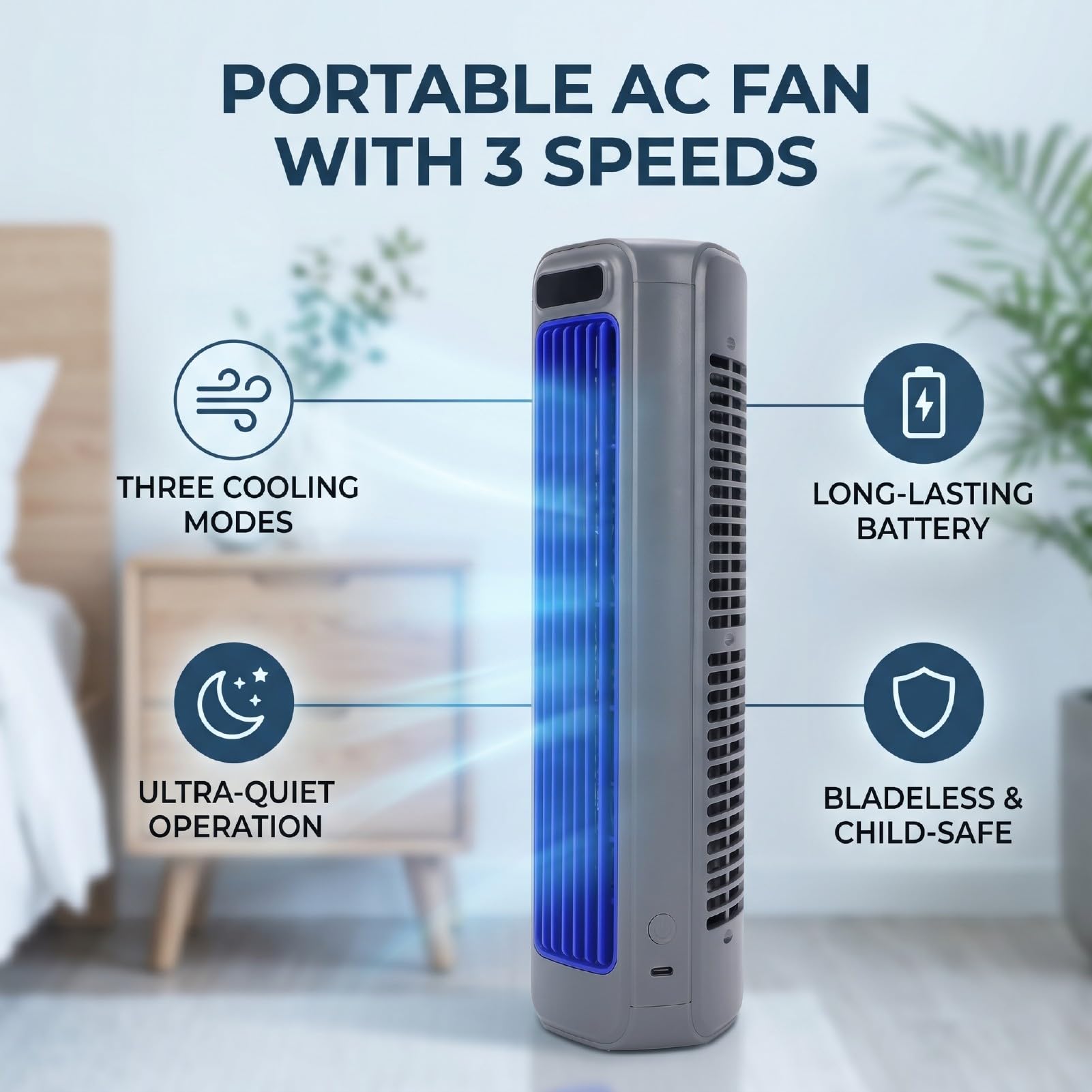 Fockety Ventilatore Circolatore D'Aria Portatile, Raffreddatore D'Aria da Tavolo Senza Lama a 3 velocità Motore Silenzioso a Levitazione Magnetica con Batteria da 2000 MAh, Ventola di