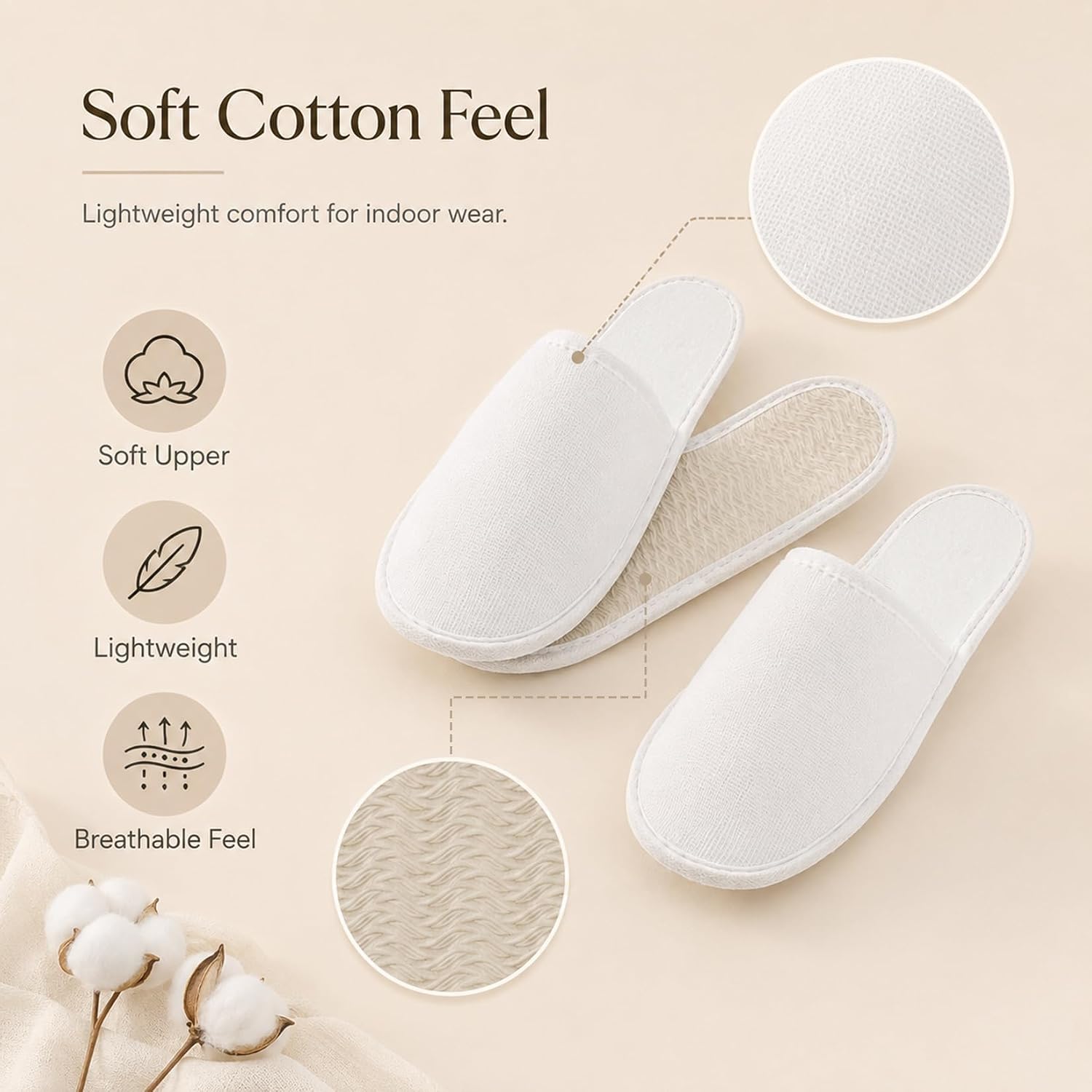3Pairs Disposable Slippers for Guests - 11in White Non-Slip Slipper