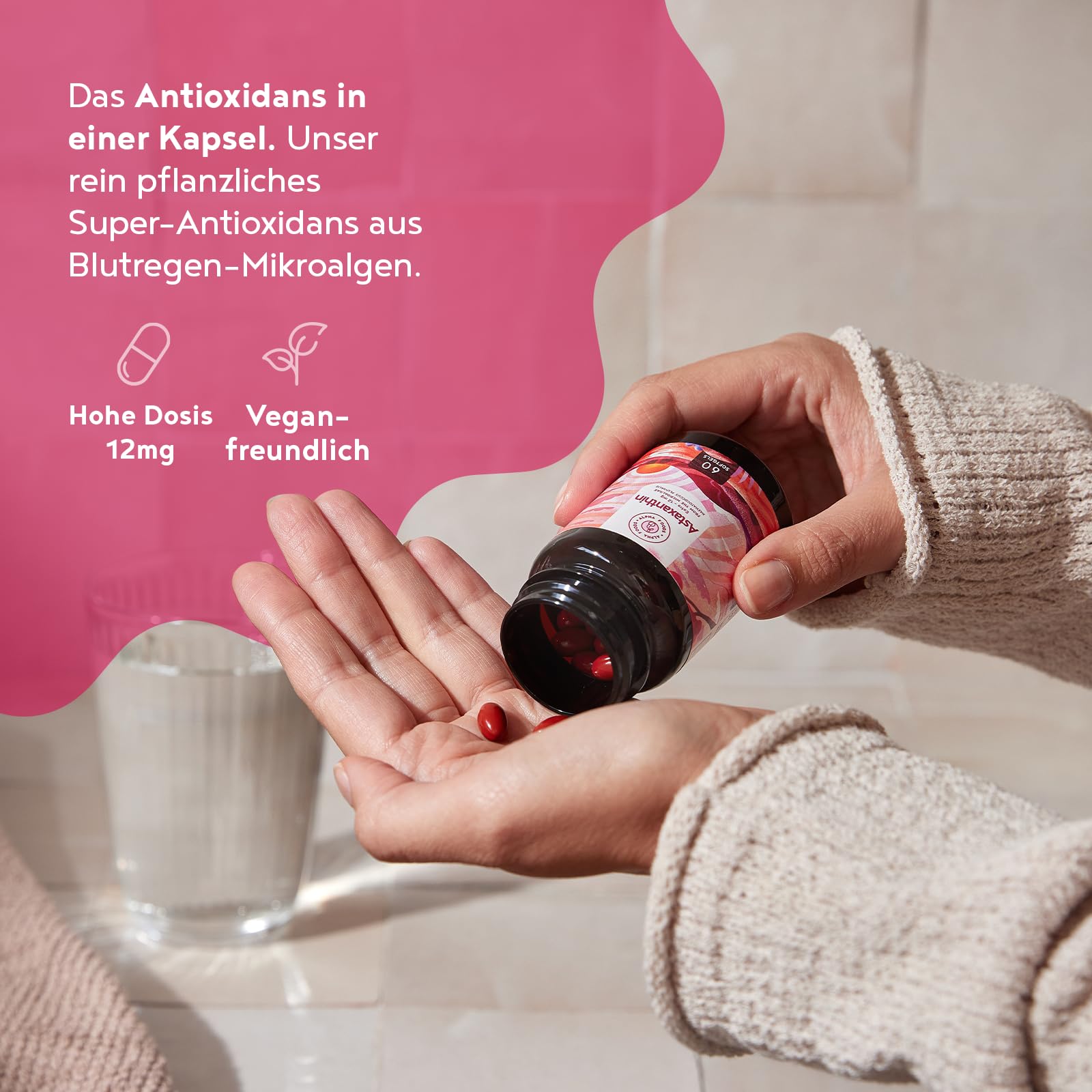 Alpha Foods Astaxanthin Hochdosiert 12mg, 60 Depot Softgel Kapseln (4 Monate Vorrat, 1 Kapsel jeden zweiten Tag), Haematococcus Pluvialis, vegan, hohe Bioverfügbarkeit