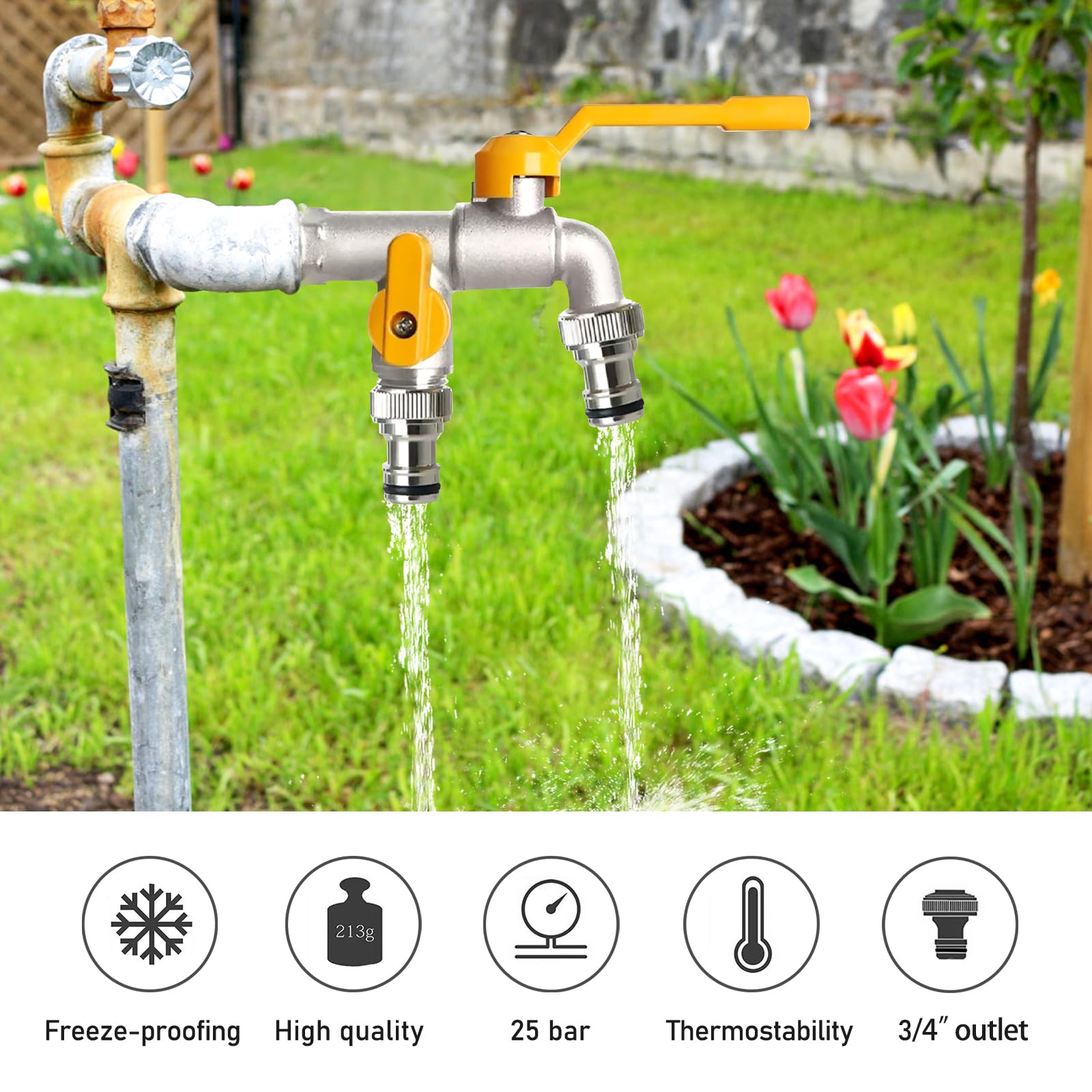 Robinet de Jardin Double Sortie en Laiton 1/2" Antigel avec 2 Sorties 3/4" et Ruban d'Étanchéité