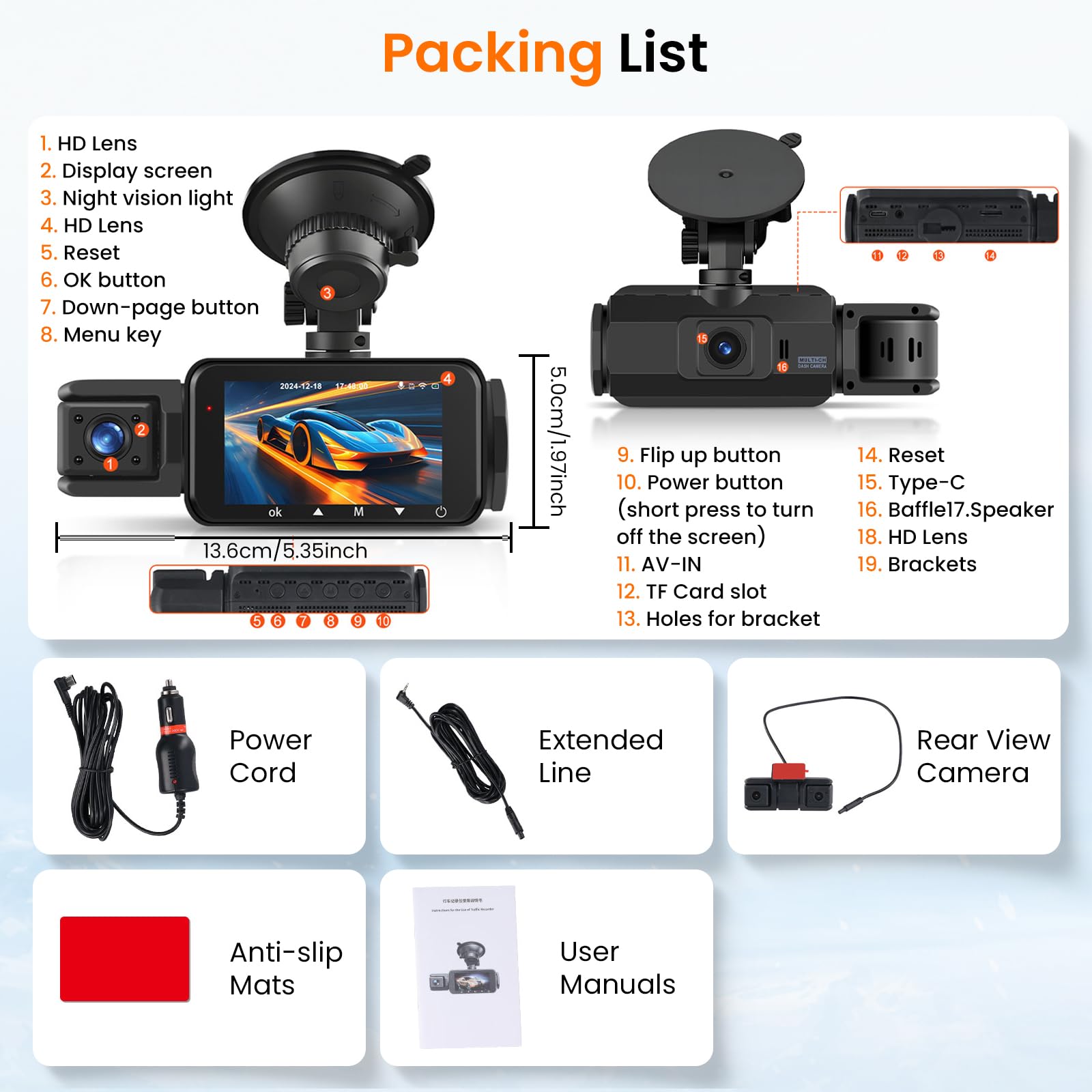 Hodozzy 2K+1080P Dashcam Voiture 360° avec 5GHz WiFi, 4 Caméras Avant Arrière Intérieur Gauche, Nachtsicht Ohne Licht, Écran Tactile IPS 3", Enregistrement en Boucle, Capteur G,Mode Stationnement 24H