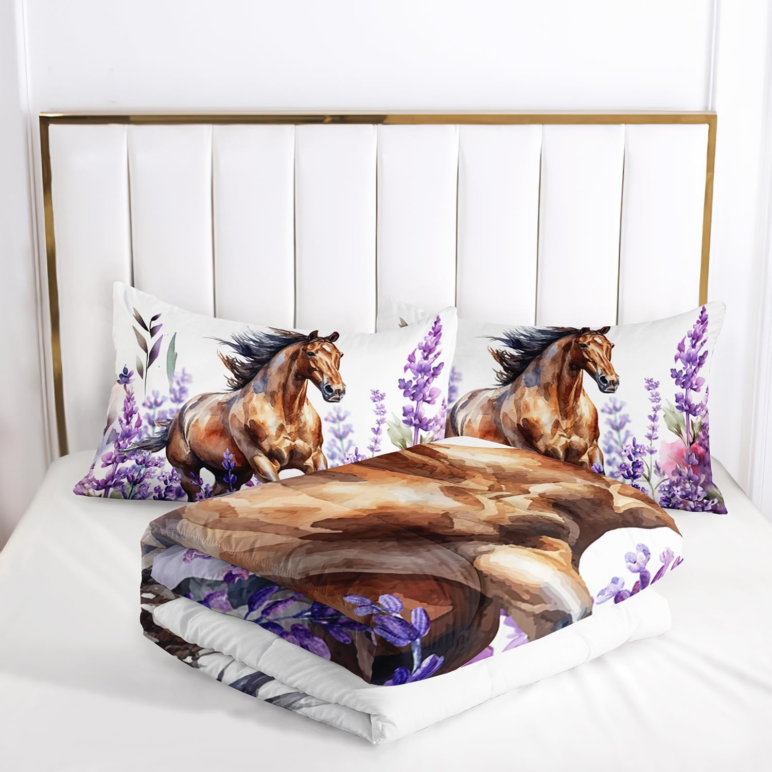 AILONEN Horse Comforter Set Twin Size, Galloping Horse Bedding Set for Boy Teens,Lavender Flowers Bed in a Bag,3Pcs,1 Quilt and 2 Pillowcases,Soft Microfibre for All Season