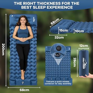 Hioutdoor 10CM Camping Self-Inflating Mat, Ultralight Inflatable Mattress with Foot Pump & Pillow, Compact Air Mattress for Outdoor Camping Hiking Beach