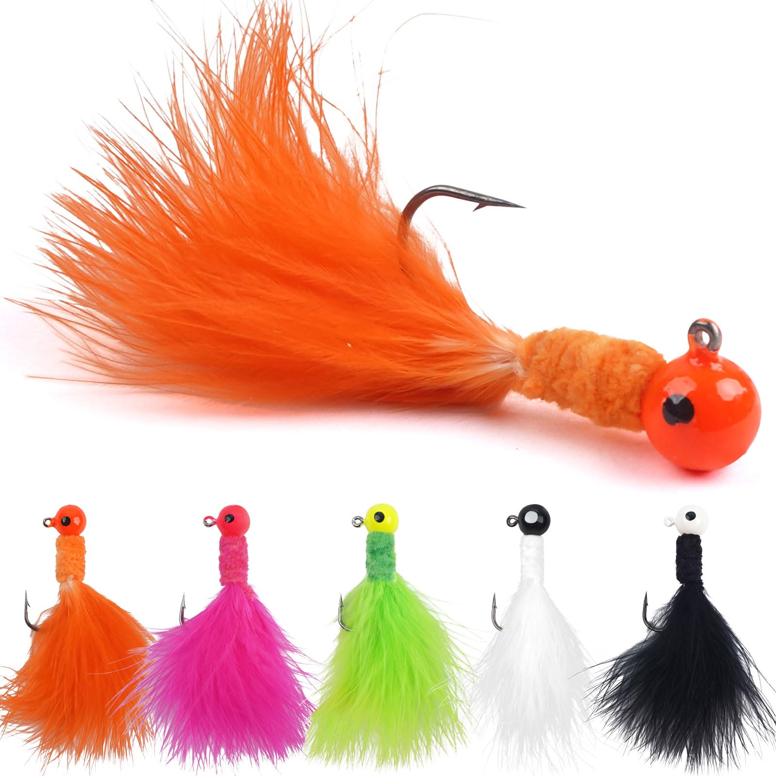 Crappie Jigs Marabou Feather Hair Jigs Bass Fishing Lure Jig Heads Hook for Crappie Trout Walleye Panfish 1/8oz 1/16oz 1/32oz