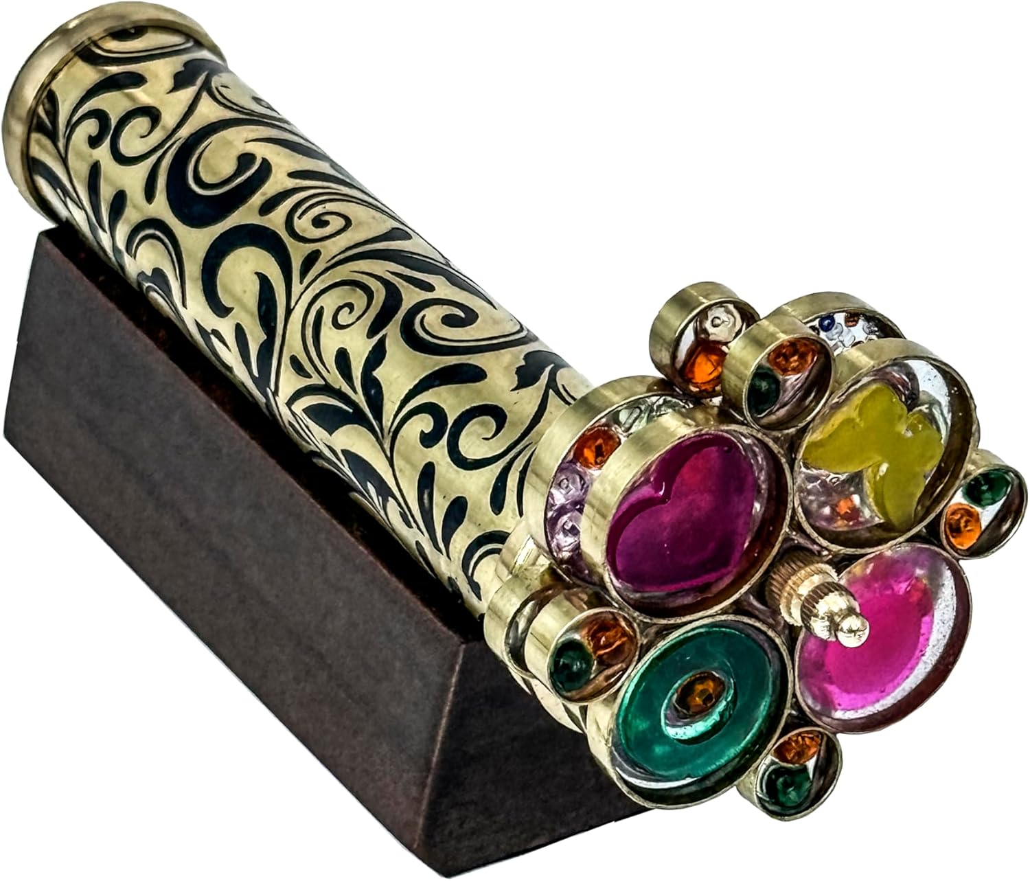 Handcrafted Etched Lacquered Brass Kaleidoscope | Floral Engraved with Dual Separate Turning Wheels | Vintage Decorative Gift (7”x1.25”)