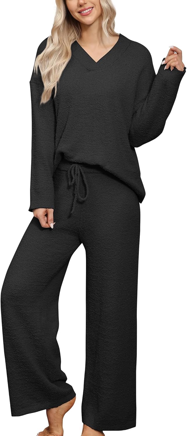 HNG Lounge Sets for Women Two Piece Outfits Fuzzy Fleece Pajama Set Long Sleeve Pullover Sweater Top and Wide Leg Pants HNG Lounge Sets for Women Two Piece Outfits Fuzzy Fleece Pajama Set Long Sleeve Pullover Sweater Top and Wide Leg Pants