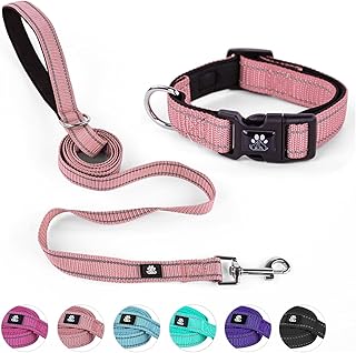 NESTROAD Juego de collar y correa reflectantes para perro, collar de neopreno suave para mascotas con hebilla de liberación rápida, collares de nailon ajustables para perros pequeños, medianos y